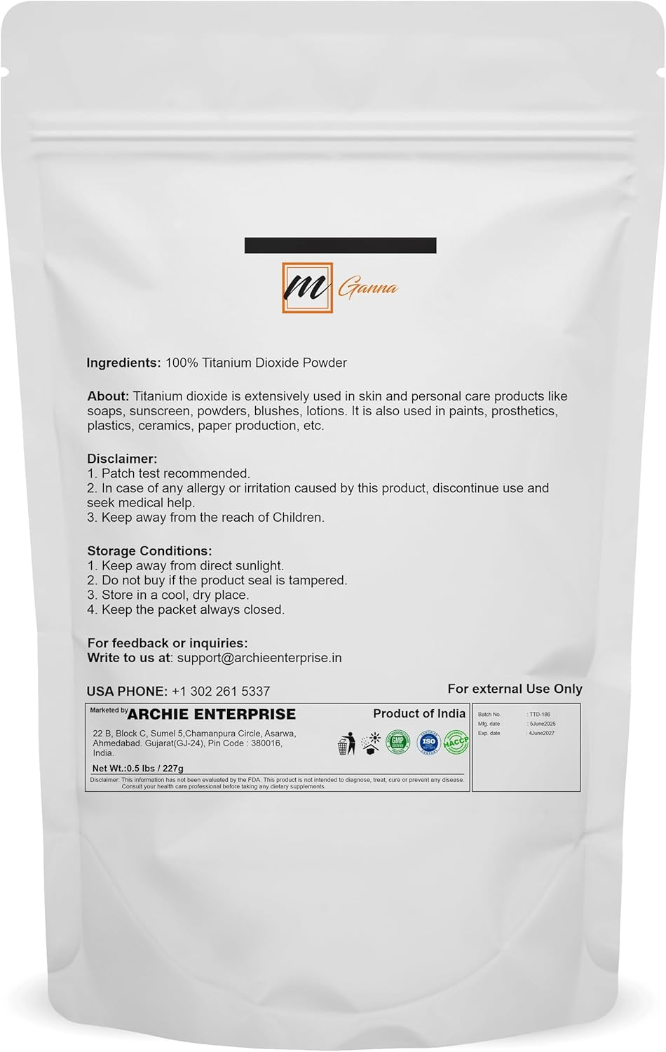 Mganna 100% Natural Non-Nano & Uncoated Titanium Dioxide Powder for Skin Hair and Health Care 0.5 LBS / 227 GMS image number 2