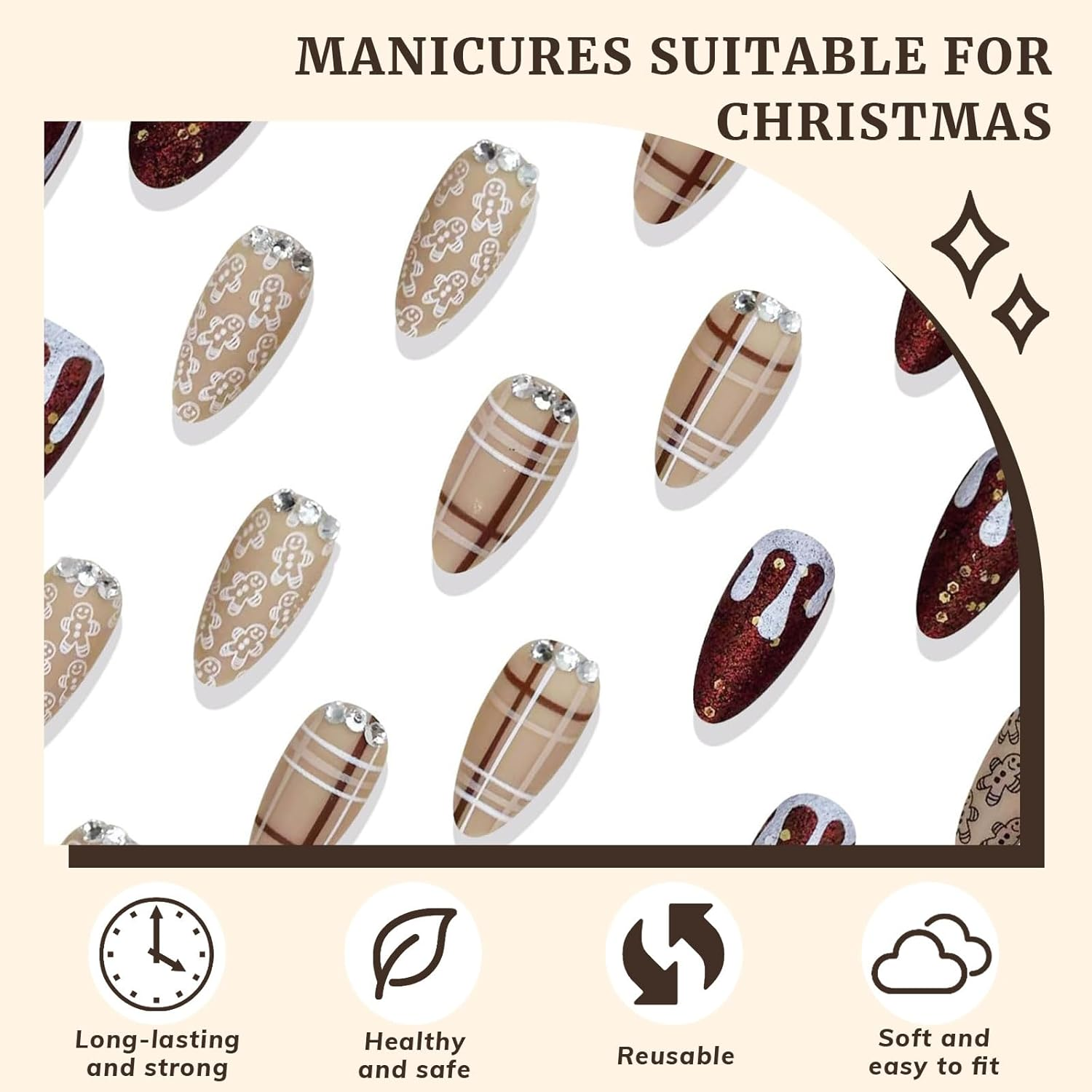 Celblisora Pack of 30 Artificial Christmas Nails, Almond Shape, Coffee Striped, Snowman Christmas Nails, Cute Gingerbread Stick-On Nails, Brown Checked image number 4