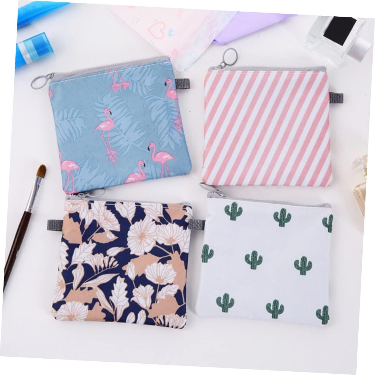 CTIRCHIU 4Pcs Zipper Period Bags Portable Sanitary Napkin Storage Pouches with Cute Cactus Flamingo Stripe Floral Designs Tampon Holder for Purse Travel Essentials