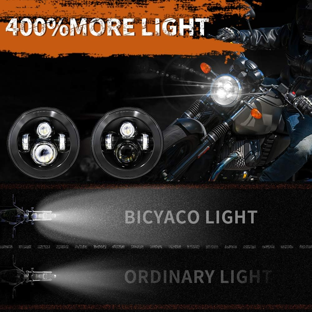 BICYACO DOT 7 Inch Motorcycle LED Headlight Headlamp Compatible with Harley Davidson Electra Glide Street Glide Fat Boy Road King Heritage Softail Switchback Black - Silver image number 6