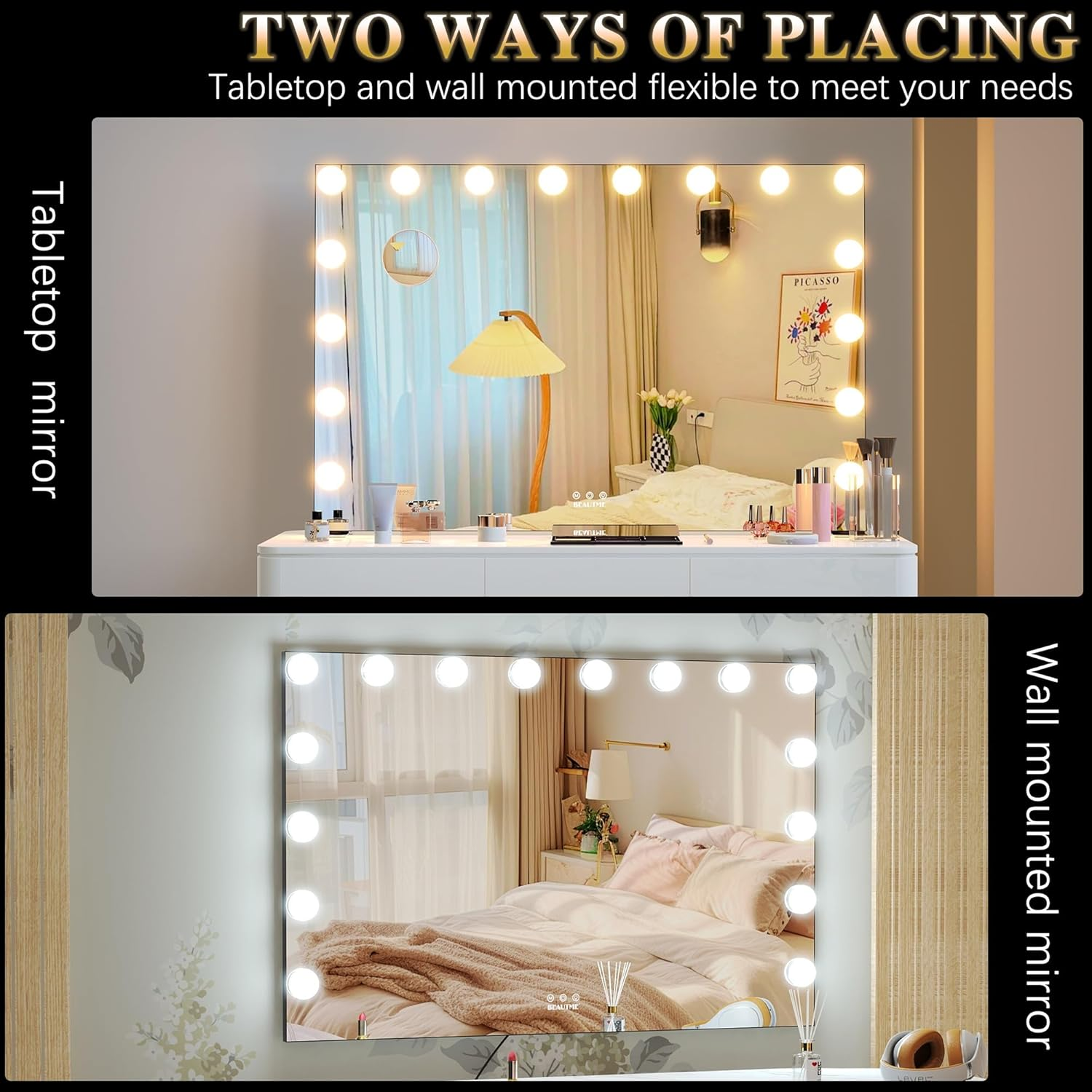 BEAUTME Vanity Mirror with Lights, Hollywood Makeup Mirror with Lights, Makeup Mirror with 16 Dimmable Led Bulbs, 3 Color Lighting Modes, Tabletop or Wall Mount, Black, 91.1&times;61.6Cm image number 5