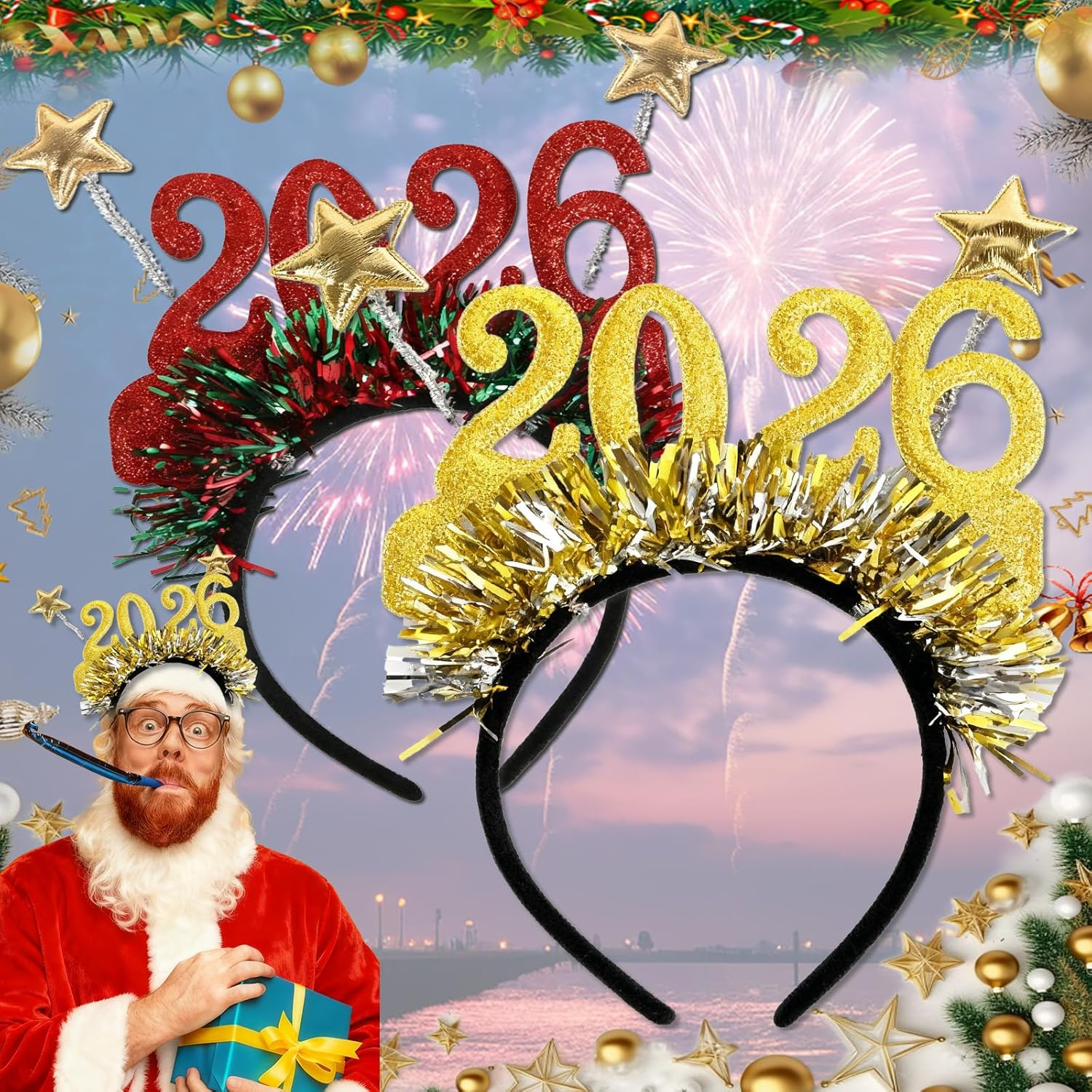 Oneroomone Pack of 2 Headband Christmas Photo Props 2026, 2026 Happy New Year Headband - 2 Pieces Festive Colour Stripes Headdress 2026 - Christmas Accessories Decorations (Gold/Red) image number 1