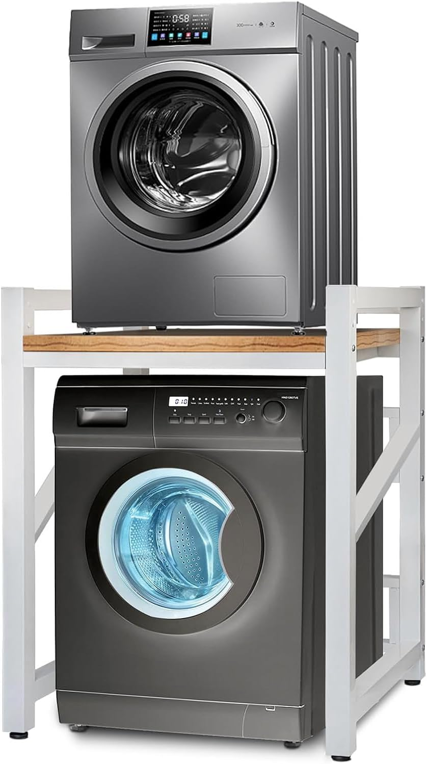 Washing Machine Storage Rack Height Adjustable Washer Dryer Stacking Rack with Adjustable Shelves 1.2Mm Wall Thickness Load Capacity 350Kg for Bathrooms Laundry Rooms Balconies (Black)