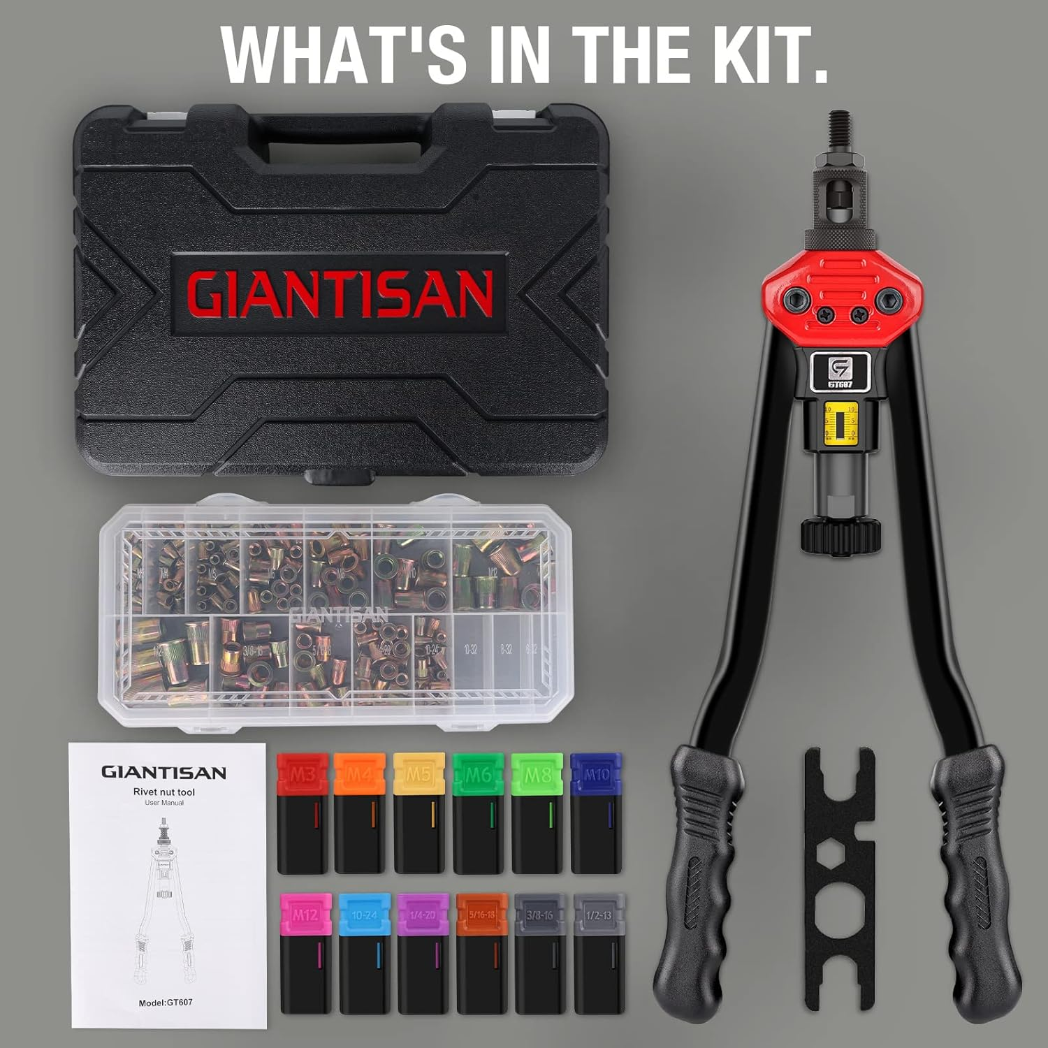 Giantisan 17" Rivet Nut Tool, Professional Rivet Nut Tool Setter Kit Including 11 Metric and SAE Mandrels, 110Pcs Assorted Rivet Nuts, Effortless Design, Rugged Carrying Case