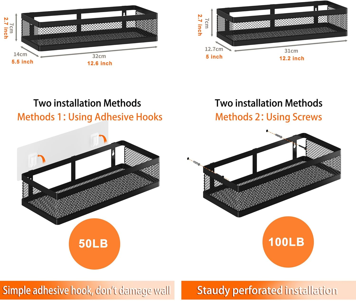 PUSDON Hanging Storage Baskets Organizer Wall Mount, Metal Wire Storage Bin Rack for Kitchen Bathroom Shower Spice Shelf Home Decor Essentials Black-2 Packs (Netting) image number 2