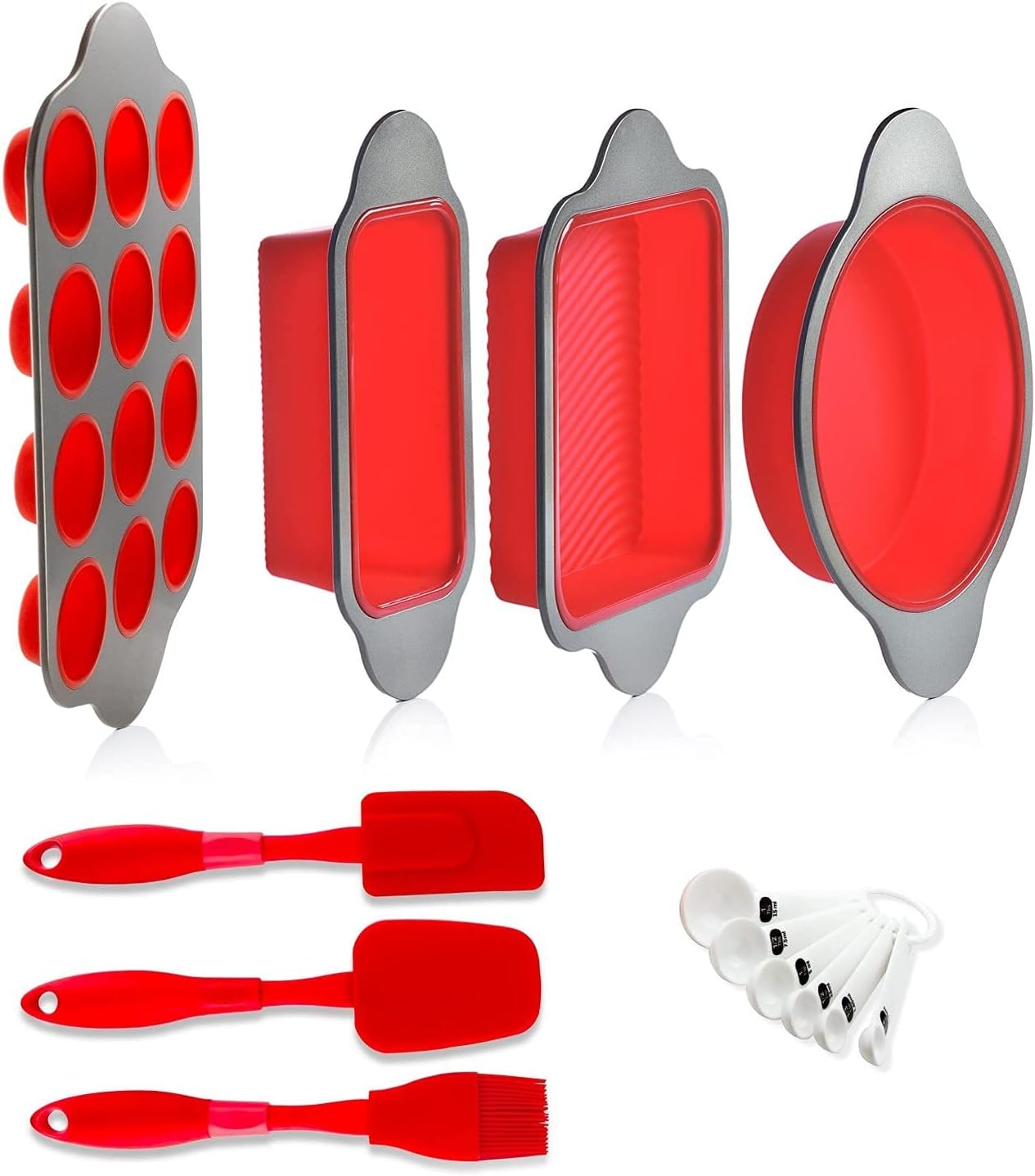 Silicone Baking Molds, Pans and Utensils (Set of 13) by Boxiki Kitchen | Silicone Cake Pan, Brownie Pan, Loaf Pan, Muffin Mold, 2 Spatulas, Brush and 6 Measuring Spoons image number 2