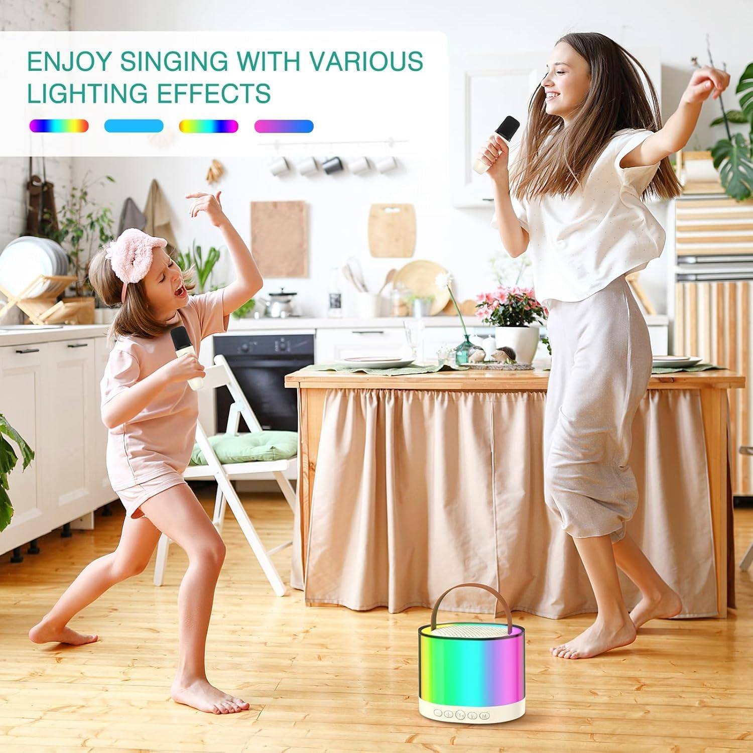 Karaoke Machine for Kids Adults, Portable Bluetooth Mini Karaoke Microphone Singing Speaker with 2 Wireless Mic and Light,Toys for All Smartphones,Tablets PC (Milk White) image number 6