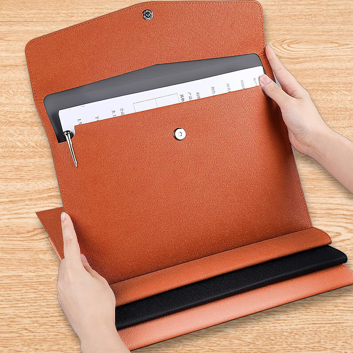 VANRA 1 Piece PU Leather Envelope File Folders A4 Paper Document Filing Envelope Document Organizer Leather Portfolio Folder Holder with Magnetic Closure (Brown) - Brown image number 4