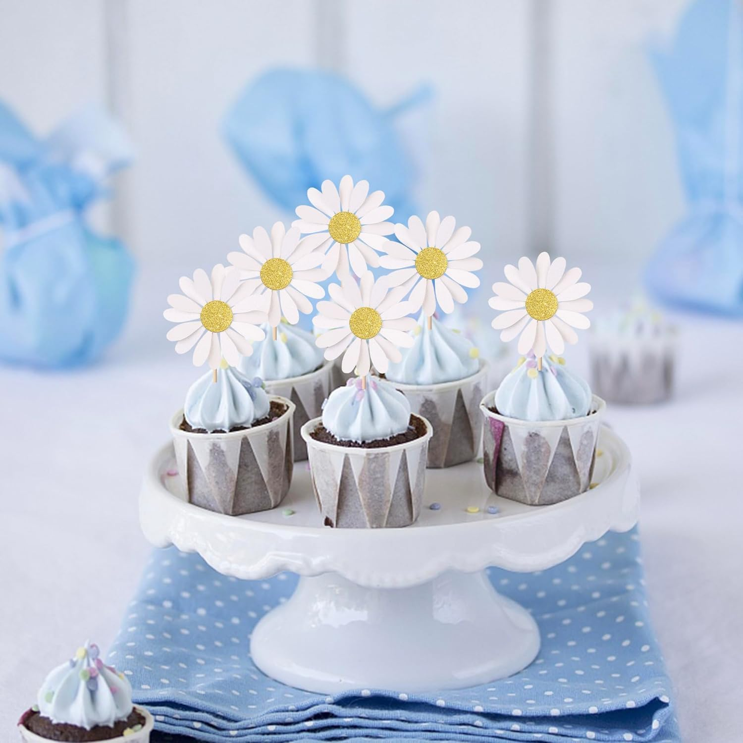 SYKYCTCY 24 Pack Daisy Cupcake Toppers Glitter White Daisy Flower Cupcake Picks Spring Daisy Flower Cake Decorations for Chrysanthemum Theme Birthday Kids Baby Shower Party Supllies (#1) - 2 image number 2