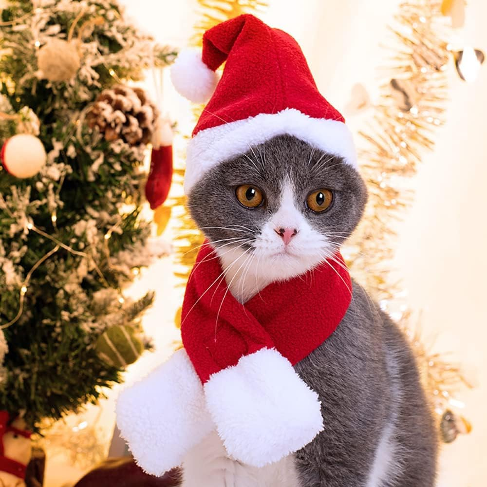 XIMISHOP Pack of 2 Christmas Cat Dog Costume with Red Christmas Hat and Scarf Decoration Christmas Costume Cat Clothing Dog Clothing for Christmas Outfit Cosplay Party image number 1
