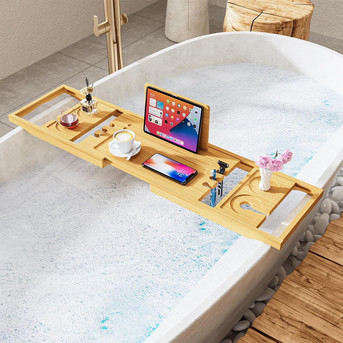 Bathtub Tray, Premium Expandable Bath Tray Caddy with Soap Box and Phone Holder, Bathroom Accessories, House Warming Gifts, Anniversary and Wedding Gifts, for Mum Wife Women (Wood Color) image number 4