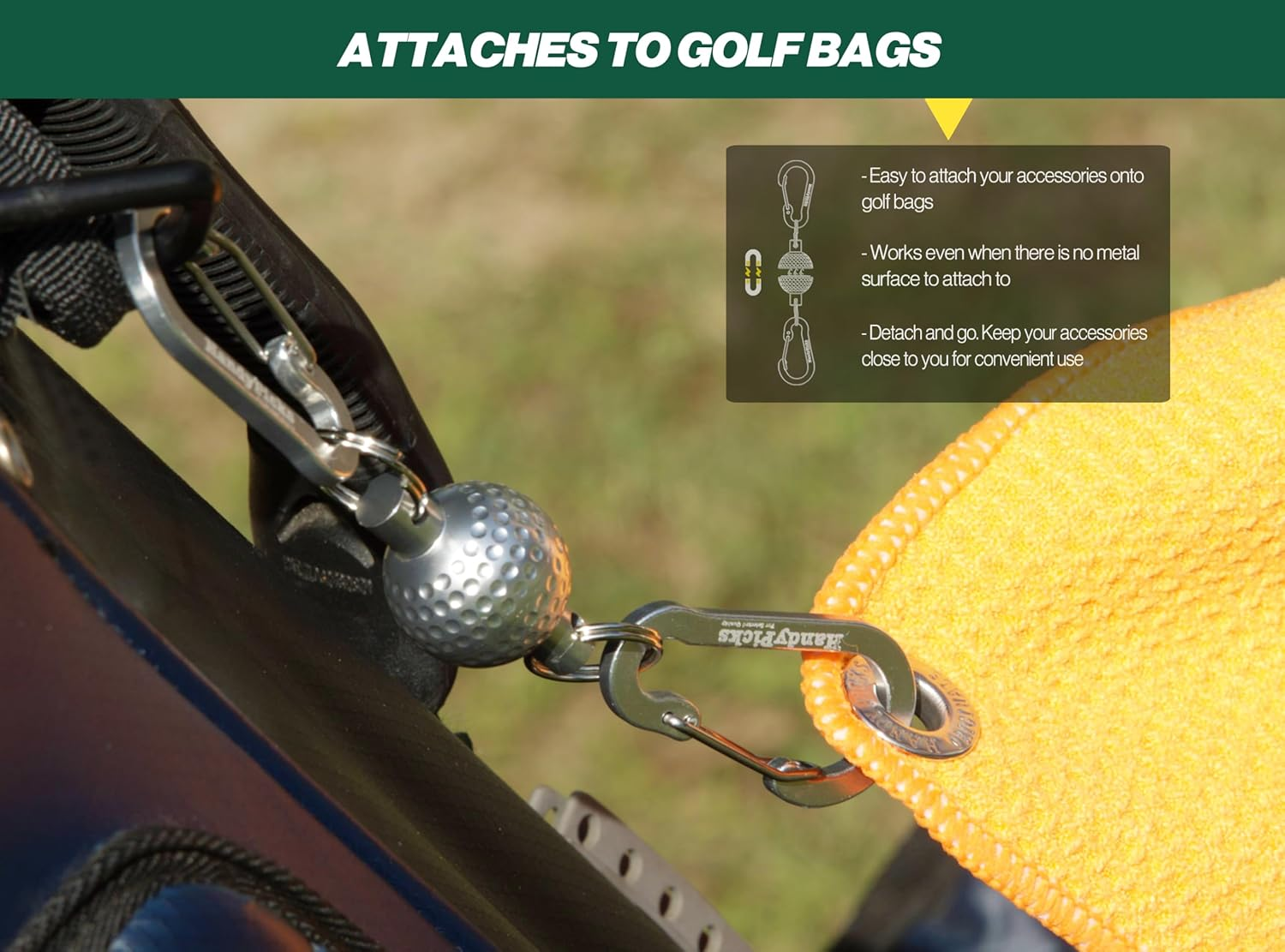 Handy Picks Magnetic Clip for Golf Towels, Original Mini Golf Ball Design, Industrial Neodymium Magnet for Strong Hold to Cart or Clubs, Essential Golf Accessory Golfer (Silver, Pack of 2) image number 2