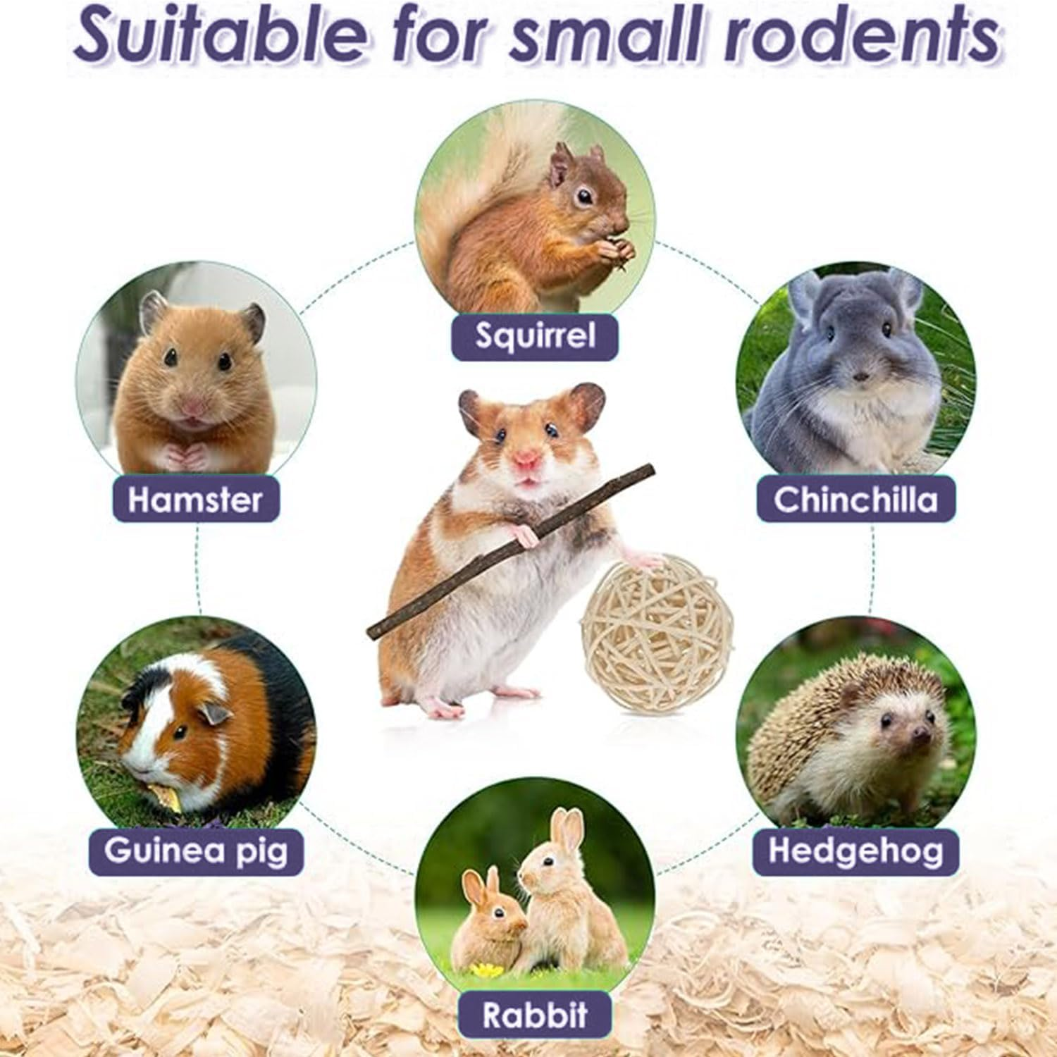 Roczential 11Pcs Hamster Toys Set Natural Wood Hamster Cage Accessories with 11-Pack Different Chew Toys Natural Molar Tools for Rabbit Guinea Pig Gerbil Chinchilla. image number 2