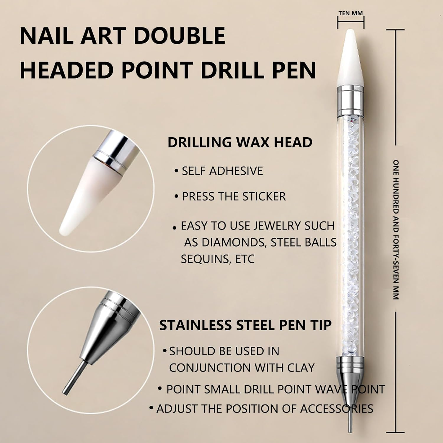 Taoluwin Diamond Nail Art Pen, Double Heads Point Drill, Self-Stick Wax Tip, Diamond Painting Pen with Protective Cap for Rhinestones Gems, Reusable Drill Tool