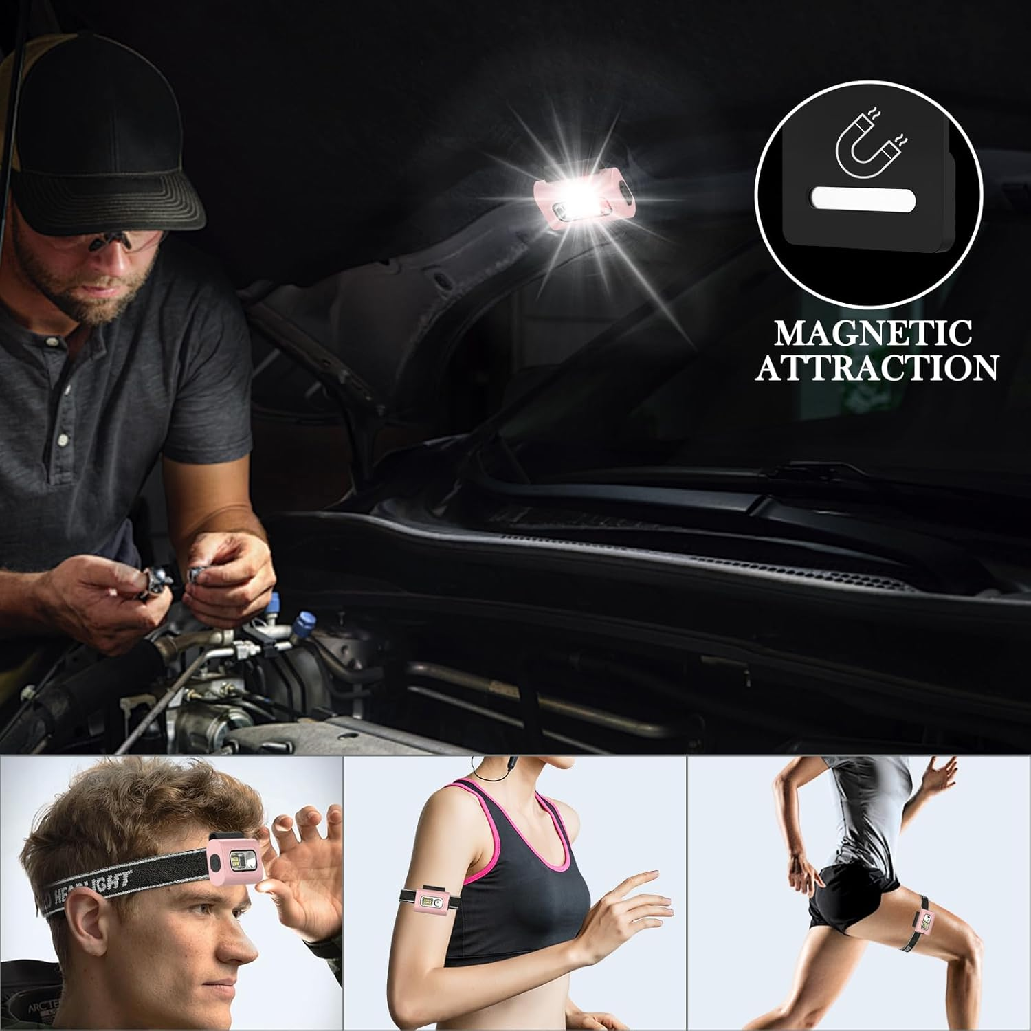 LED Running Flashlight, Geeric Flashlight Hands-Free Clip Magnetic 6 Modes Head Torch Rechargeable Lightweight Waterproof Headlight Portable Headlamp for Outdoor Adventures Night Fishing Repairworker - Grey image number 6