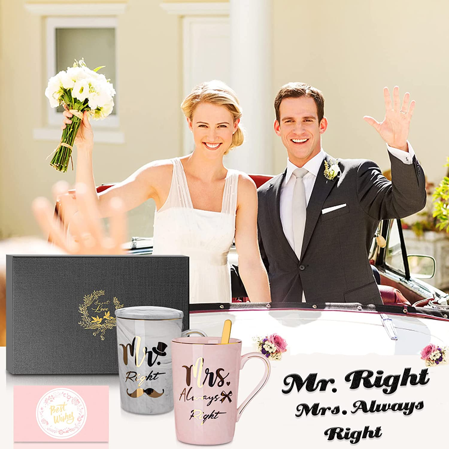 ALBISS Mr Right Mrs Always Right Couple Coffee Mugs Cups - Bridal Shower Wedding Anniversary Valentines Day Gift - Bride and Groom Newlyweds Married Couples Ceramic Marble Cups Set, 14Oz Pink & Grey&hellip; image number 1