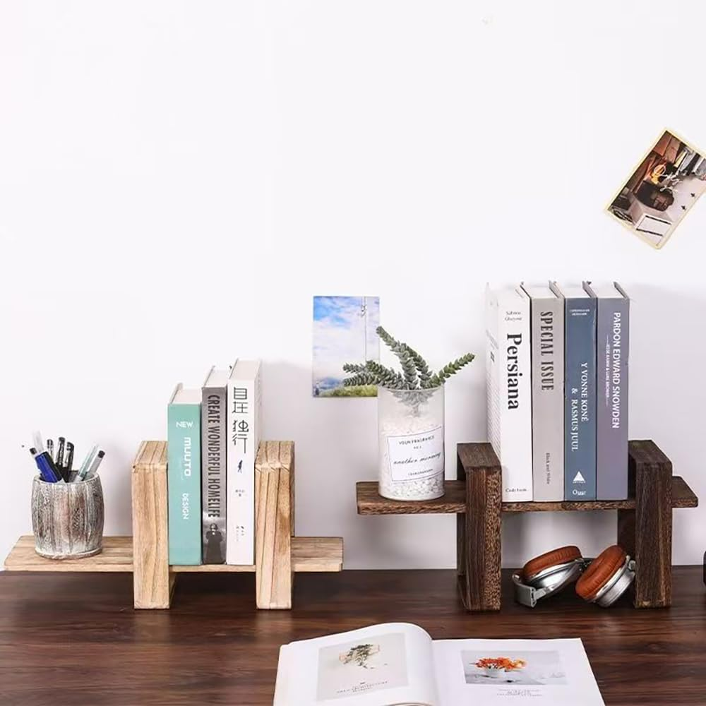 Hbluefat Adjustable Desktop Bookshelf, Retro Small Wood Tabletop Bookbookcase, Home Office Desk Orgnizer Shelf for Magazine, Books, Cds (Wood) - Wood image number 2
