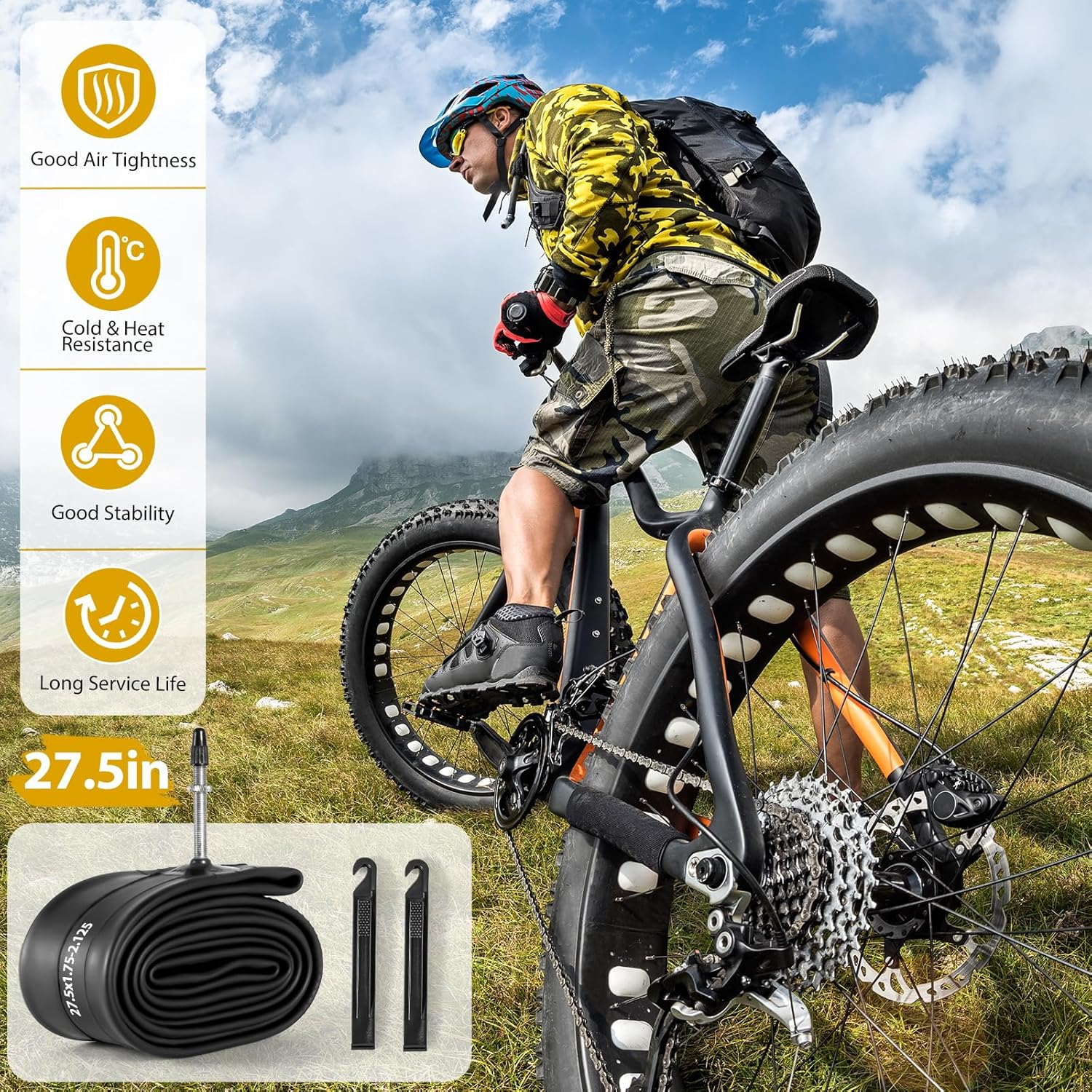 2 Pack 27.5 Inch Bike Tube Fv48Mm Presta Valve, 27.5" Bicycle Tube for 27.5 X 1.75/1.9/1.95/2.0/2.1/2.125 Tire, Butyl Rubber Inner Tube with 2 Tire Levers for Mountain MTB Bike image number 3