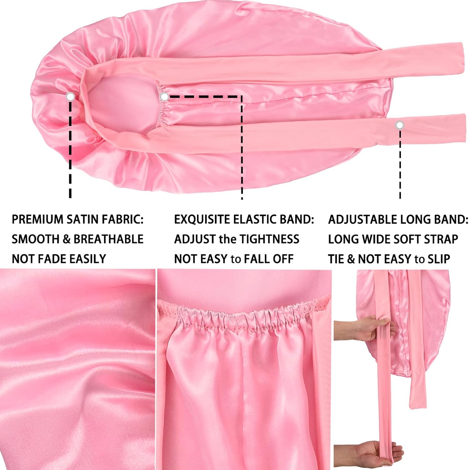 2 Pcs Silk Bonnet for Sleeping, Braid Bonnet Satin Bonnet with Tie Band Sleep Cap for Women Men Long Curly Hair Braids Black image number 2