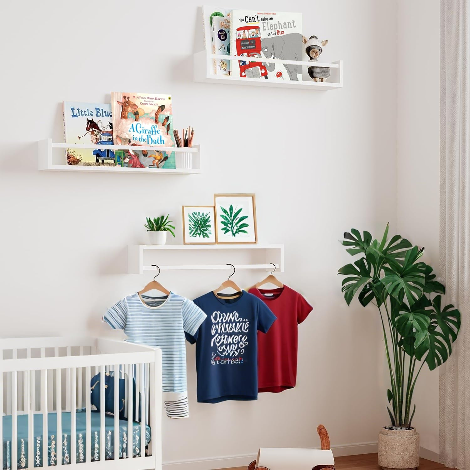 Delsol Floating Nursery Book Shelves for Wall Set of 3,Natural Wood Wall Mounted Bookshelves for Kids Room,Baby Nursery Bedoom Decor (White)