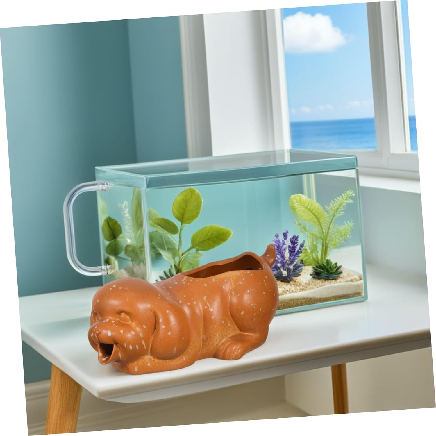 TEHAUX Ceramic Tabletop Fountain Spitter Dog Shape with Planter Indoor Outdoor Fish Tank Aquarium Decor Circulating Waterfall Jar for Greenery Cultivation and Interactive Water Feature - Khaki image number 2