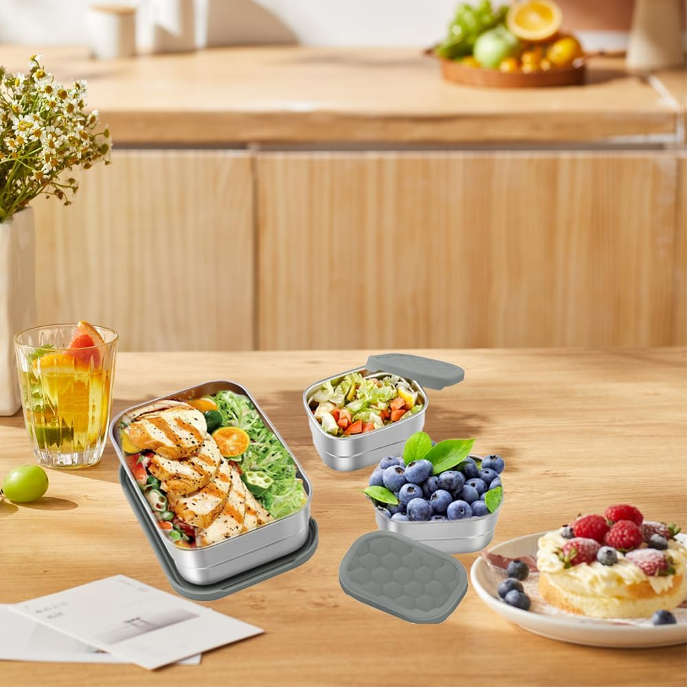 3Pack 304 Stainless Steel Lunch Box,Leak Proof Snack Containers with Silicone Lids,Steel Bento Box for School and Daycare,Food Containers for Snacks, Sandwiches, Fruits, Vegetables(25Oz+8Oz*2)