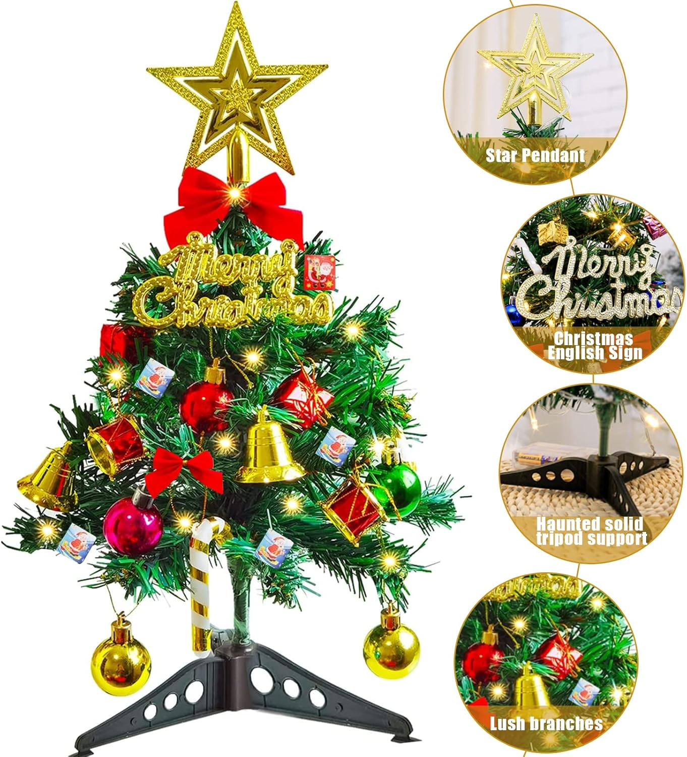 Mini Christmas Tree, 23.6Inch Artificial Tabletop Christmas Tree Ball Ornaments Led String Light for Home Office Shop Desktop Xmas Party Decoration image number 2