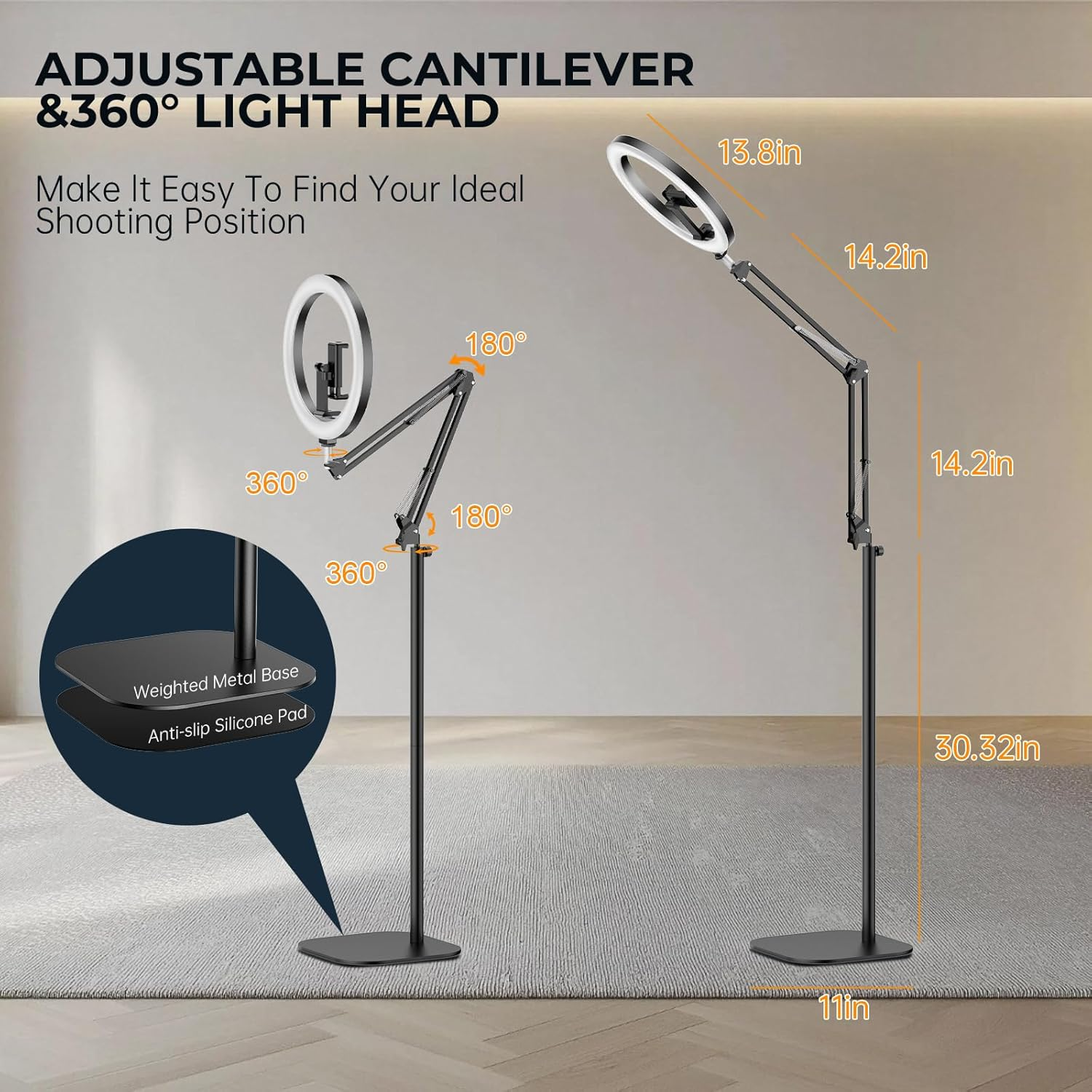 12" Overhead Phone Mount with Ring Light, CRI >95 & Adjustable 72" Height - 360&deg; Circle Light, Phone Ring Light for Photography,Live Streaming, Cooking and Content Creation