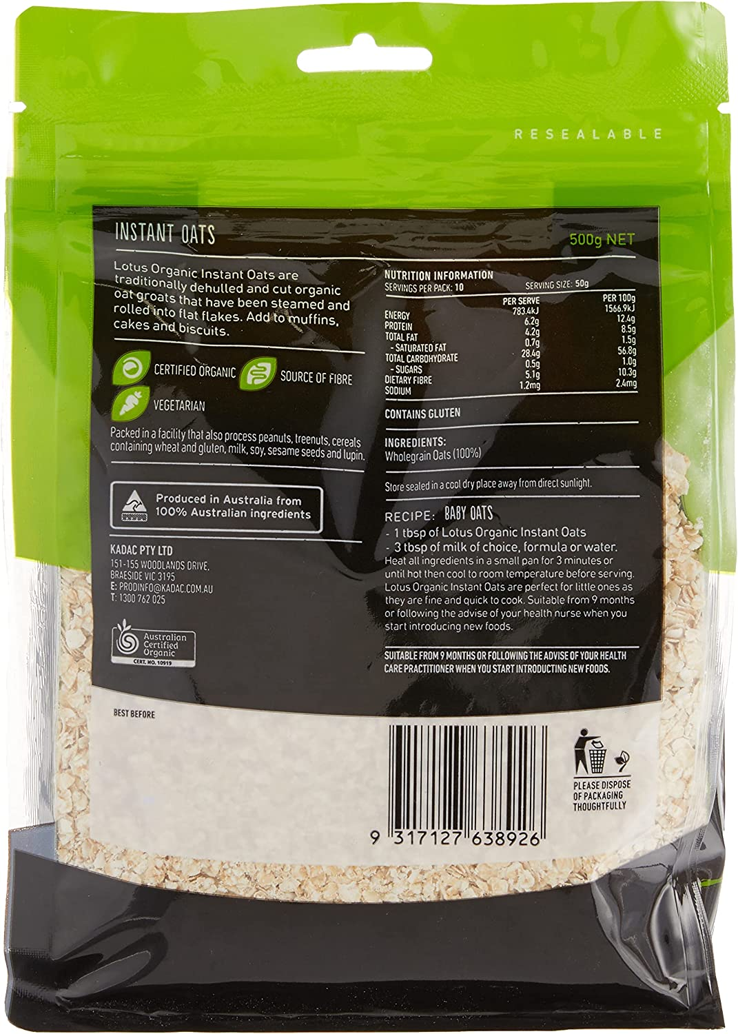 Lotus Organic Instant Oats, 500 G image number 1