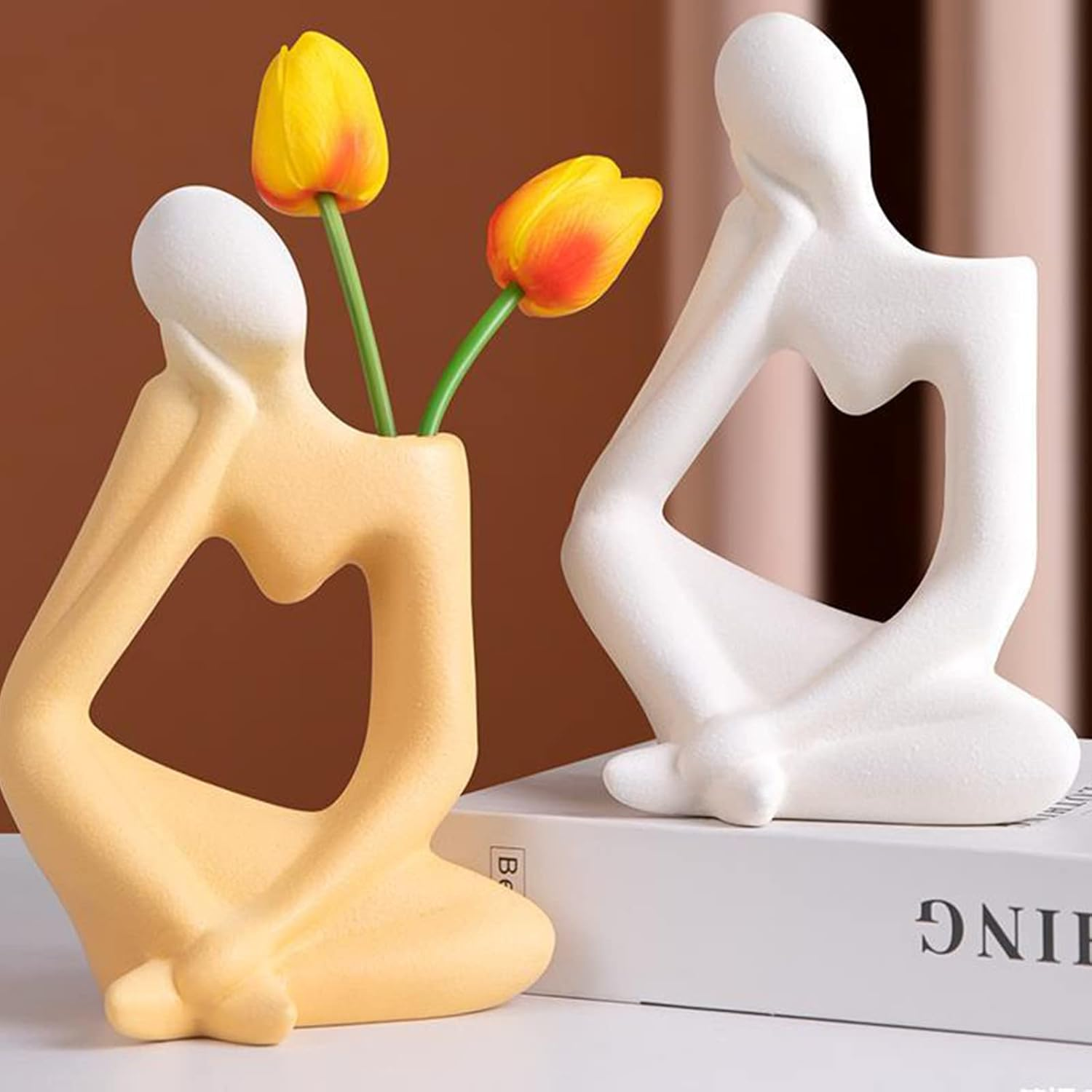 Arawat Ceramic Thinker Vase Yellow Flower Vase for Home Decor Modern Cute Boho Vases for Table Room Decor Unique Aesthetic Vase Ceramic Decorative Face Vases for Centerpieces Birthday Gifts for Women