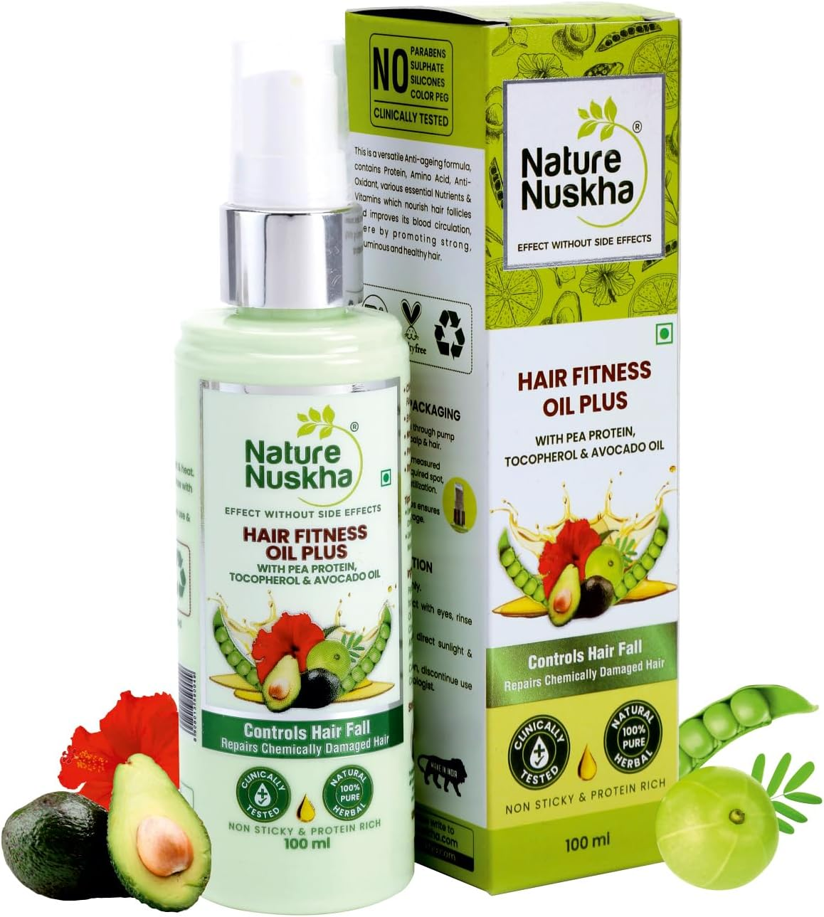 Nature Nuskha Hair Oil plus with Pea Protein, Tocopherol and Avacado Oil, Controls Hair Fall, Repairs Chemically Damaged Hair, Non-Sticky, for Women & Men, All Hair Types, 100Ml image number 2