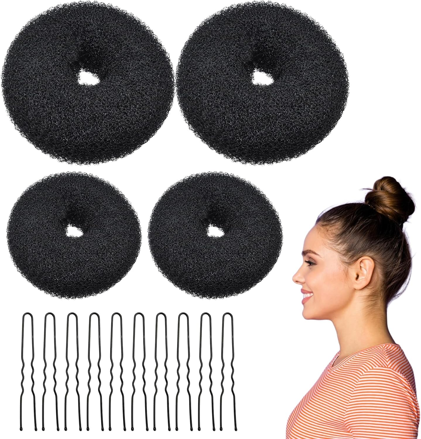Pack of 14 Bun Cushions, Small Hair Bun Maker, Rings Bun Donut Bun, Hair Styling Hair Bun Scrunchie, Ballet for Hair Bun Cushion, Hair Clips Girls, Women Hairstyle Aid, Black Doughnut Set image number 4