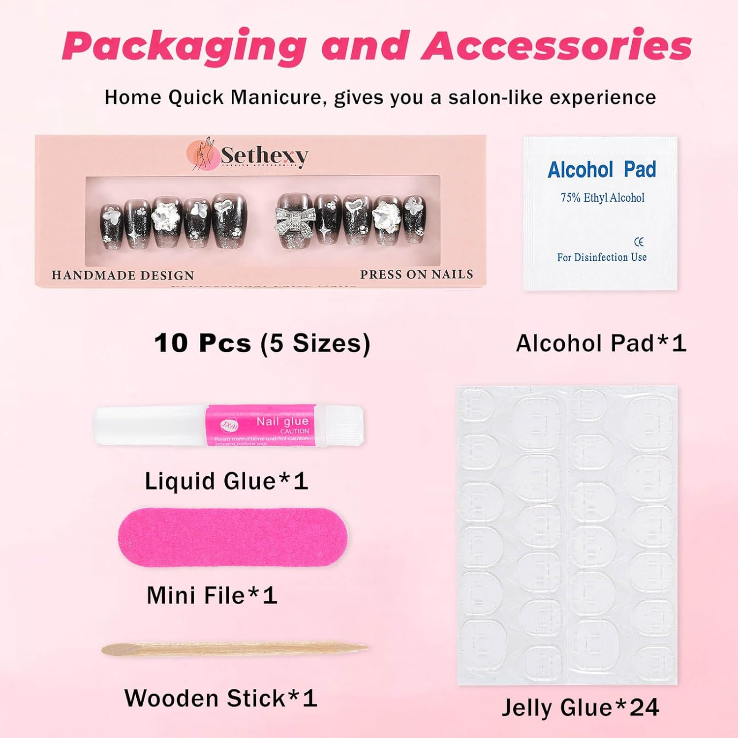 Sethexy Black Gradient Rhinestone Handmade Artificial Nail 3D Crystal Medium Coffin False Nails Sparkle Shiny Press on the Nail Salon Quality for Women and Girls (G) image number 5