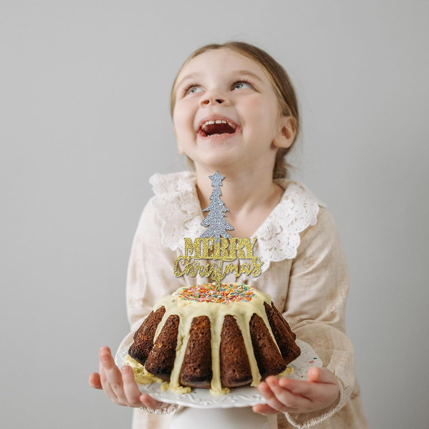 Merry Christmas Cake Topper, Gold Glitter Acrylic Christmas Tree Cake Picks for Christmas Winter Happy New Year Party Supply Decoration image number 3