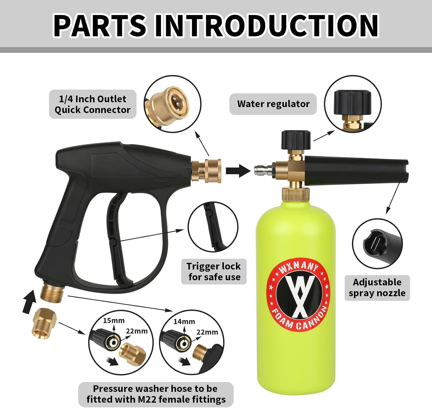 WXNANY Short Pressure Washer Gun with Foam Cannon,Power Washer Gun Snow Foam Lance 1/4" Quick Connector, Car Wash Foam Cannon Kit with 5 Pressure Washer Nozzle Tips and Holder, 1L image number 3