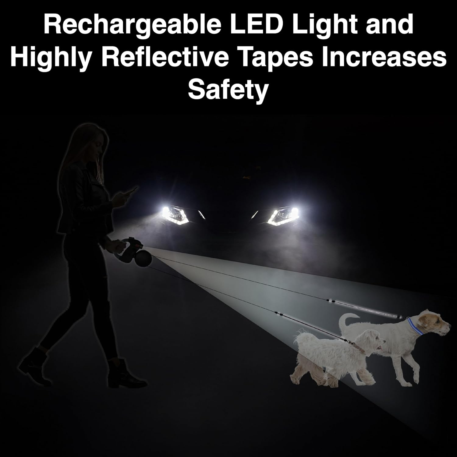 WIGZI Dual Doggie (2 DOG) Retractable Leash with Light (L.E.D), No Tangle 360 Technology, Independent Braking Each Dog up to 50Lbs Each Dog with 10 Ft Reflective Leads for Safety, Black & Gray Buttons image number 1