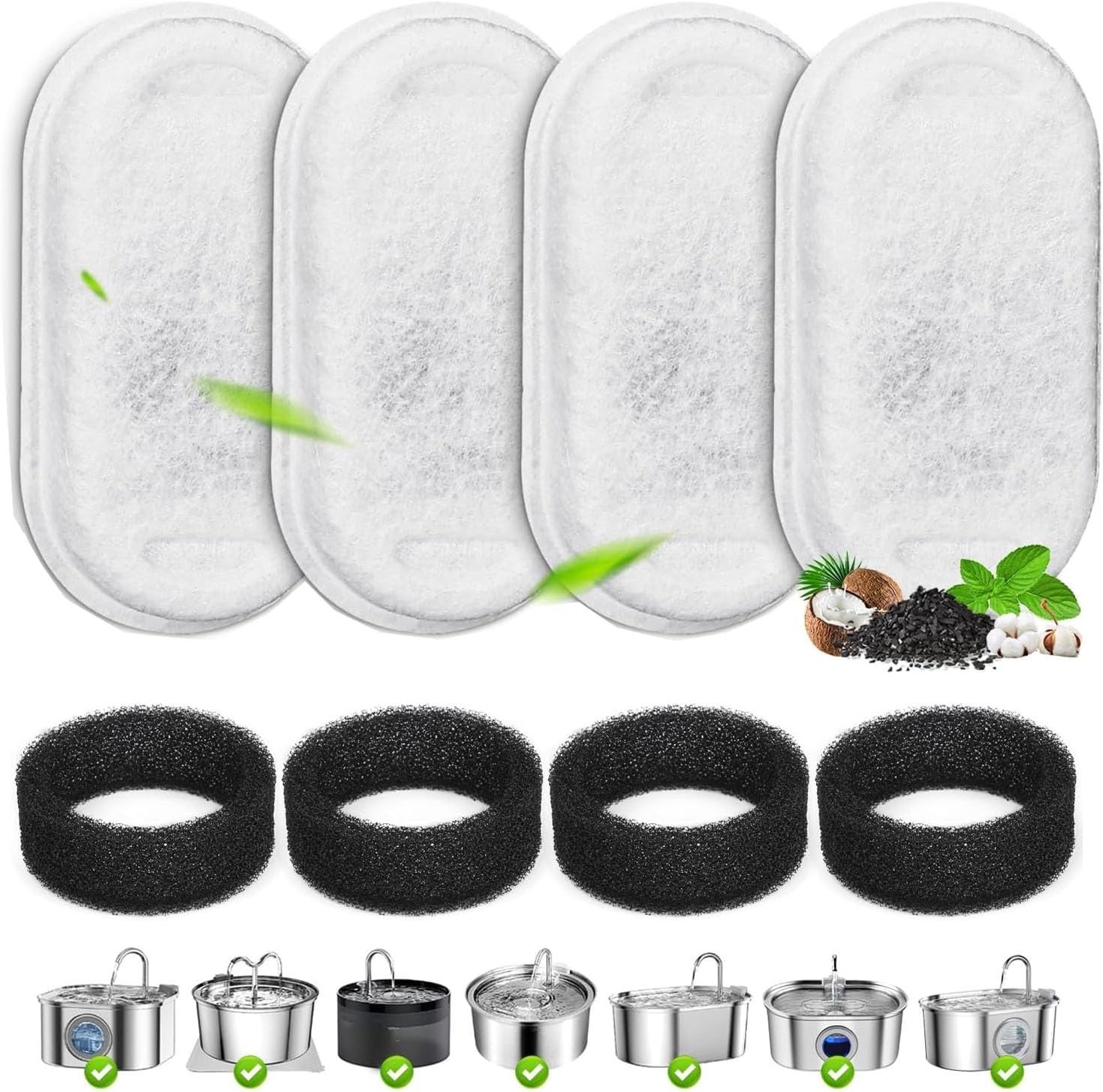 Cat Water Fountain Filters 8 Pack, Pet Fountain Replacement Filters for Stainless Steel 67Oz/2L&108Oz/3.2Lcat & Dog Water Fountain, Pet Water Fountain Filters, 4 Cat Fountain Filters with 4 Sponges image number 4