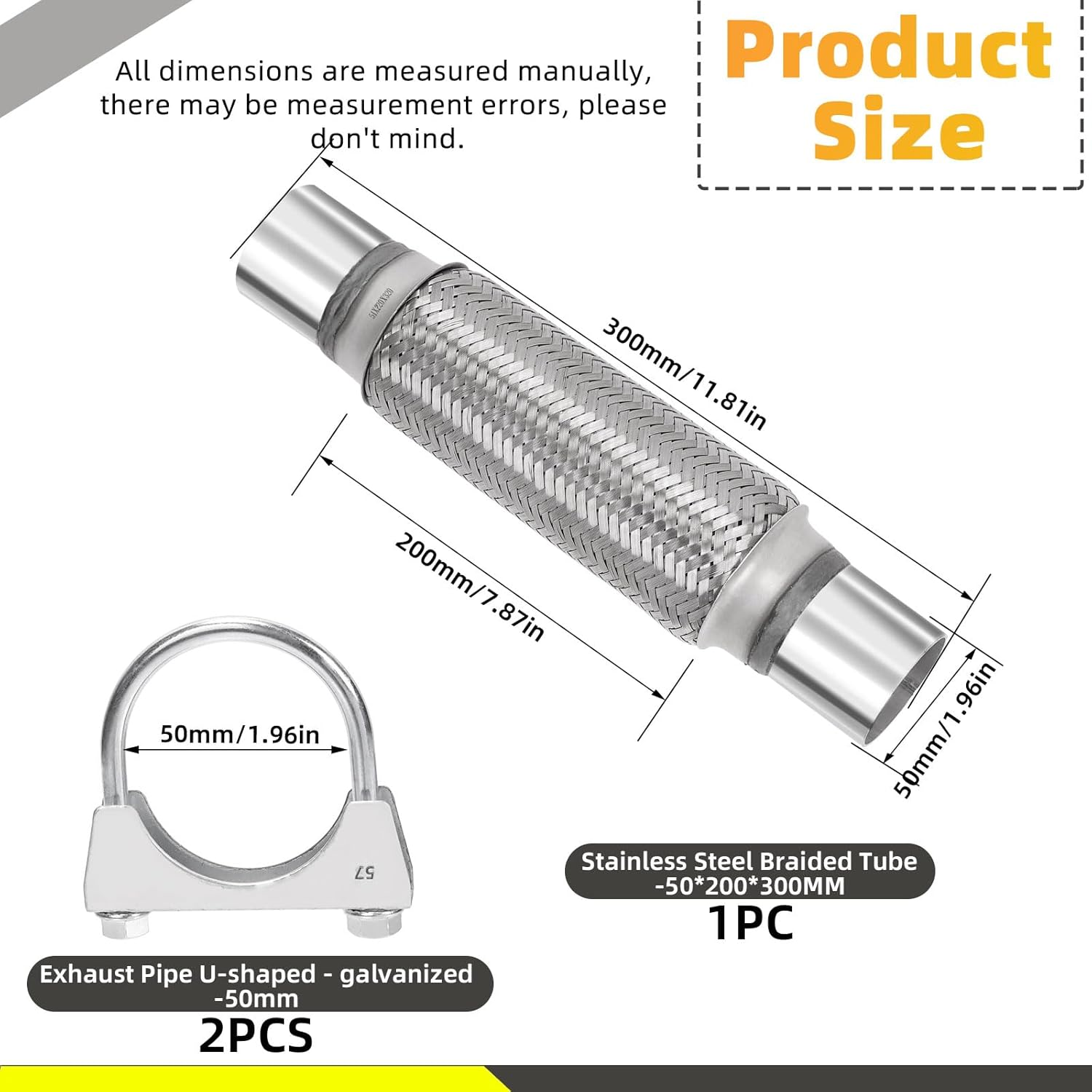 3Pcs Exhaust Flex Pipe Heavy Duty Stainless Steel Exhaust Flex Pipe Double Braid Exhaust Flex Tube U-Bolt Clamp Stainless Steel Muffler U-Bolt Clamps for Cars Trucks Buses Pipes(2" X 8" X 12") image number 3