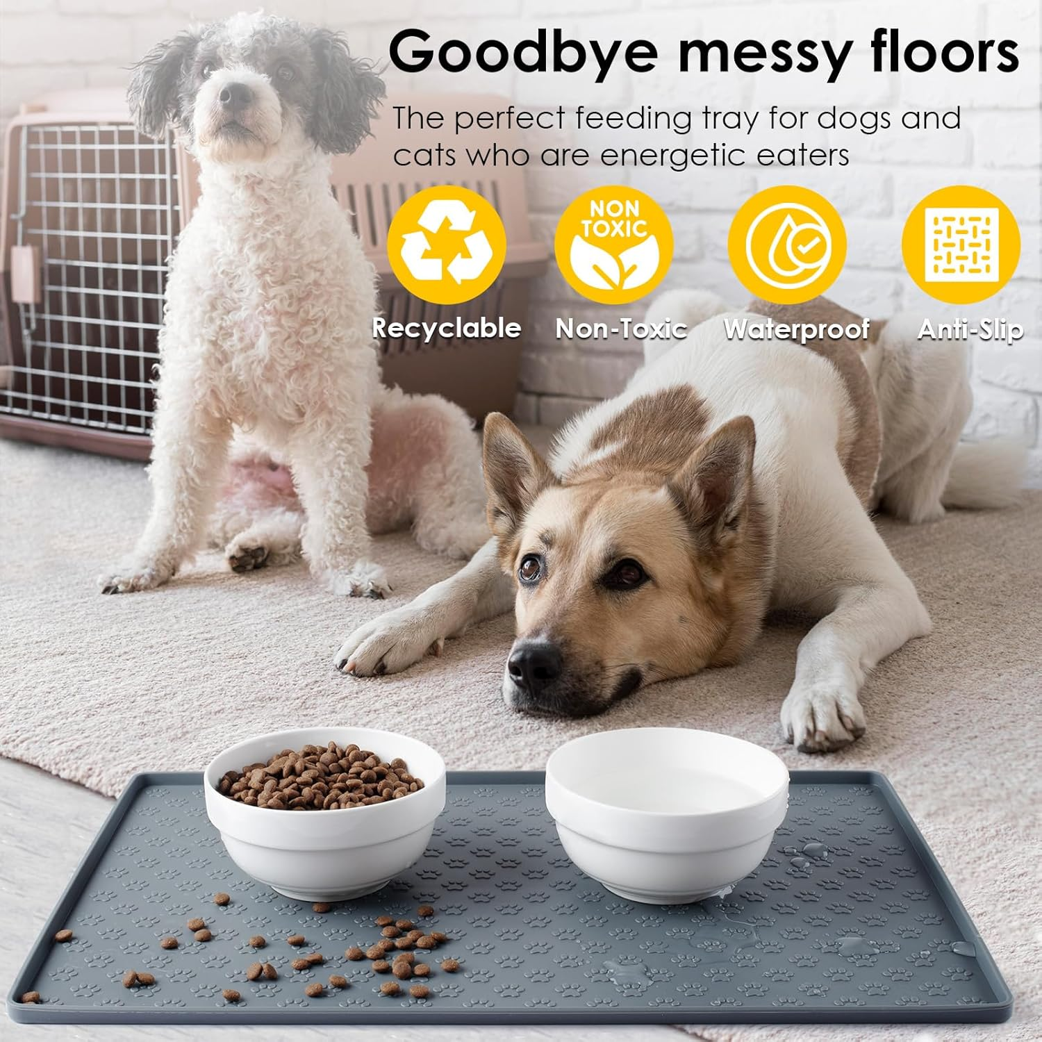 Silicone Dog Cat Food Mat, Waterproof Slip Resistant Raised Edge Pet Feeding Mats, Pet Bowl Mat Anti-Messy and Prevent Spill on Floor, Dishwasher Safe (Beige, L: 24" X 16") - Beige image number 6