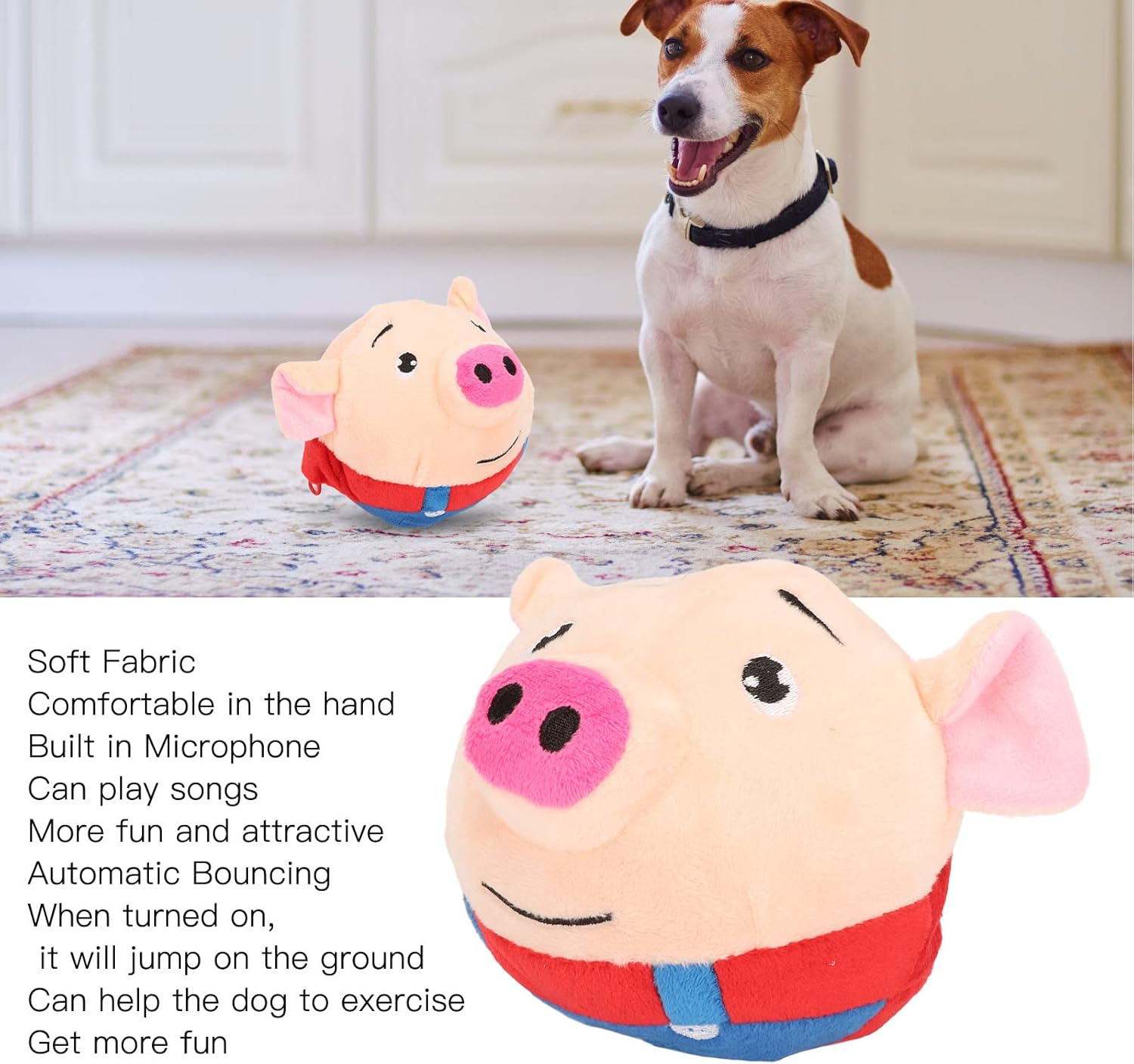 Interactive Dog Toys Dog Ball, Rechargeable Automatic Bouncing Dog Toy Balls with Sound, Pet Bouncing Balls, Cute Cartoon Pig Squeaky Pig Dog Toy for Indoor Cats Dog