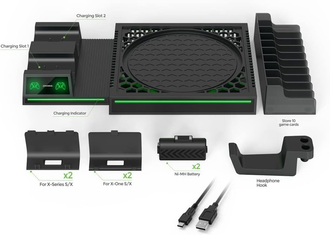 Vertical Stand Compatible with Xbox Series X Console, Dual Charging Station with 2 Rechargeable Battery for Xbox Series X Controller, with 10 Game Card Slot and Headphones Holder