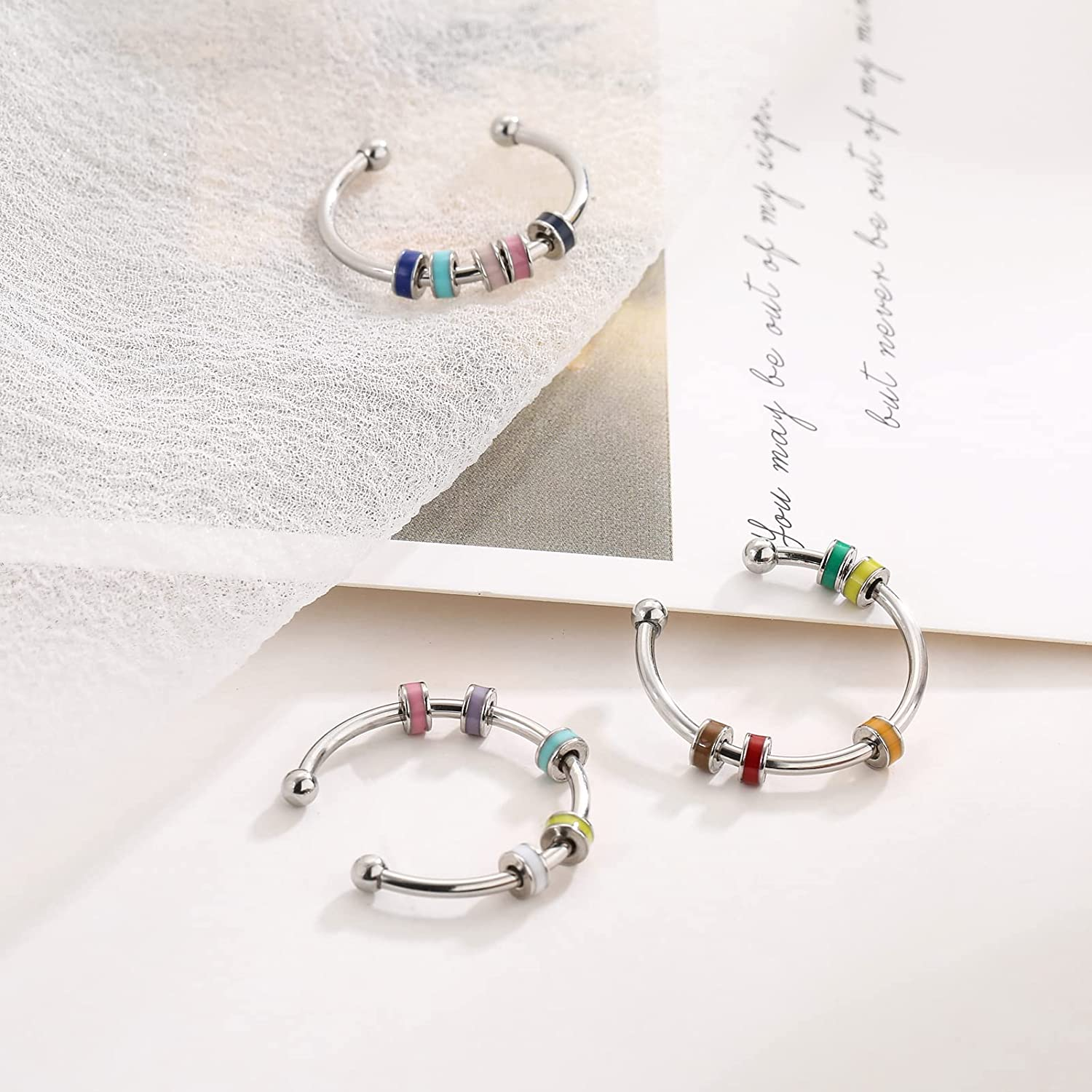 LIU JUN Enamel Fidget Rings for Anxiety Women, to My Daughter Anti-Anxiety Multicolor Stainless Steel Stress Relief Spinner Rings with Beads Your Anxiety Is Lying to You Anxiety Ring for Kids, Enamel, No Gemstone