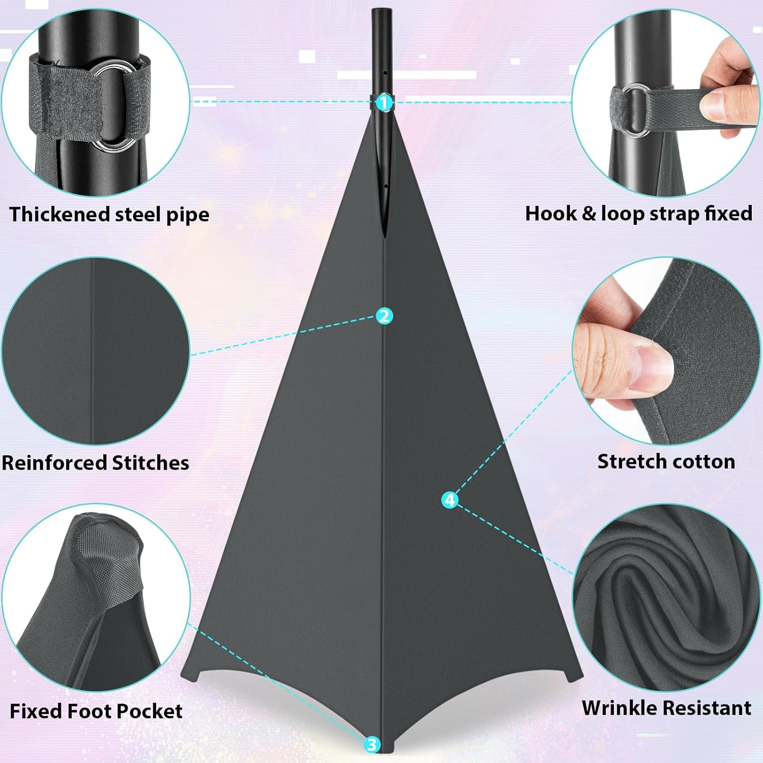 AKOZLIN Speaker Stand Cover with 360 Degree Tripod Stand Skirt Skrim Stretchable Lycra Fabric Covers with Free Storage Bag Two Pack Dark Grey image number 4