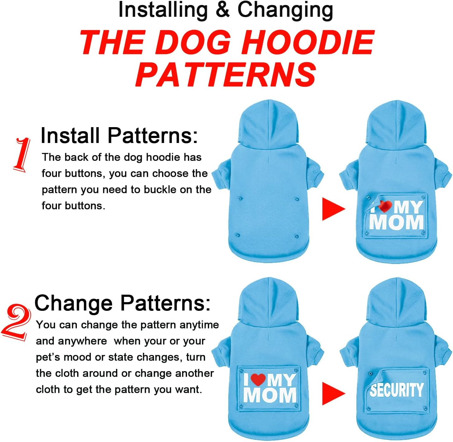 Greenjoy Magic Dog Sweater with 4 Interchangeable Patterns - Dog Hoodie Cold Weather Dog Coat Hooded Sweatshirt for Puppies,Cats, Small Medium Large Dogs (Blue (Letter Print A), Small) image number 1