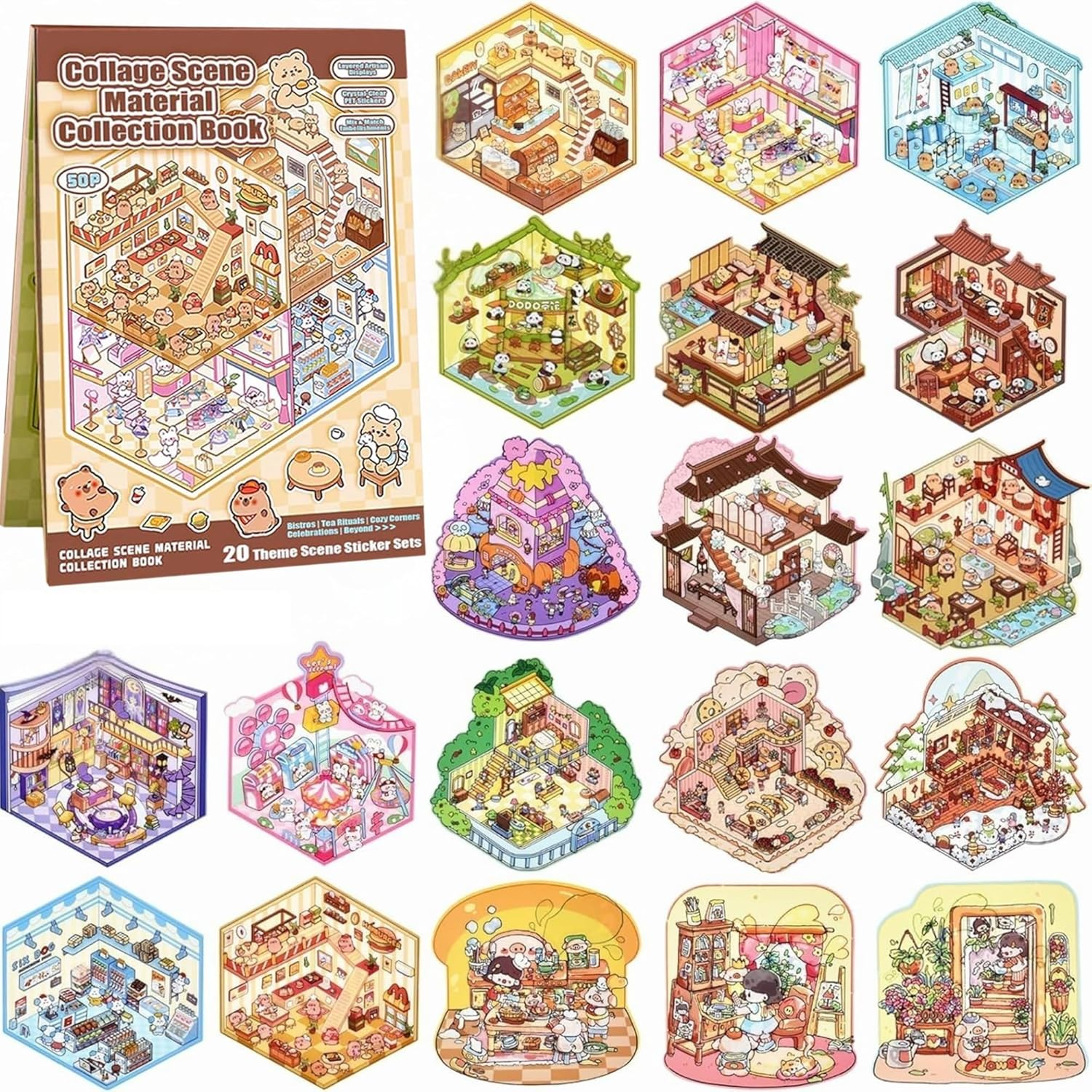 DIY 3D Sticker Scene Book - 20 Sets of Cute Cartoon House Stickers for Stress Relief & Art Therapy, Fun Creative Activity to Pass Time for Kids & Adults image number 3