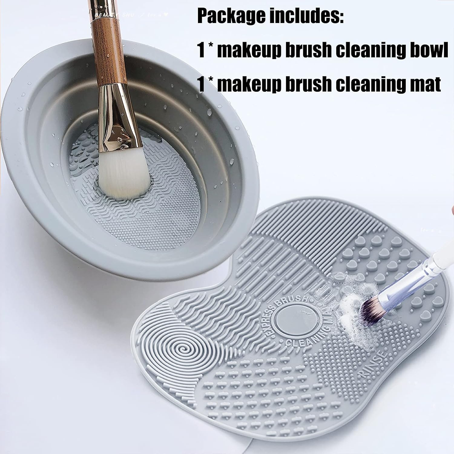 (Gray) - Makeup Brush Cleaning Mat, Silicone Makeup Brush Scrubber, Cosmetic Brush Cleaner, Brush Cleaning Pad, Foldable Makeup Brush Cleaning Bowl Suitable for Makeup Brush, Makeup Sponge, Powder Puff (Grey) image number 6