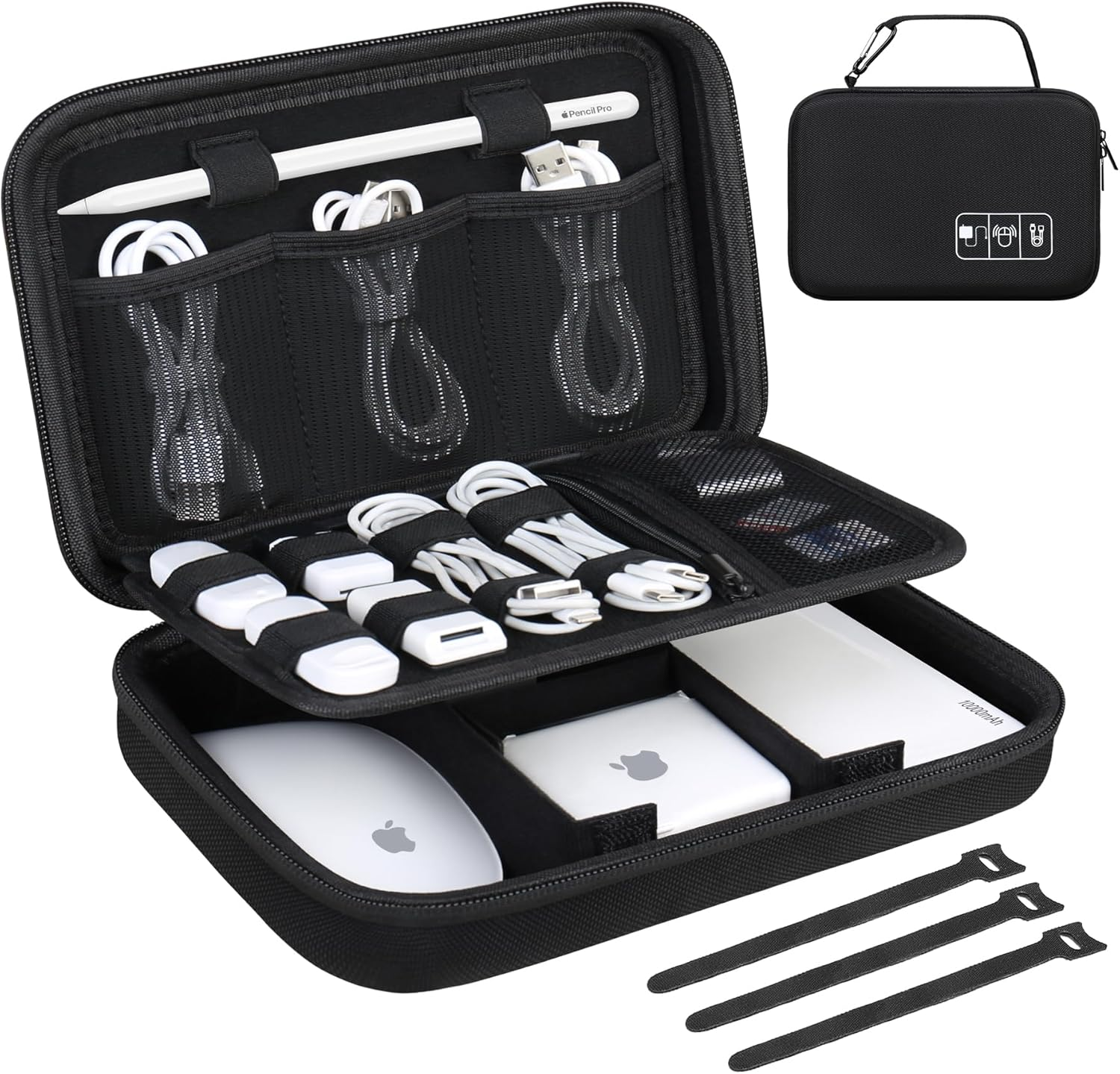 Lacdo Hard Travel Electronic Organizer Case for Macbook Power Adapter Charger, Cables, Cords, Apple Pencil, Mouse, Power Bank, USB Flash Disk, SD Cards EVA Protective Portable Accessories Bag, Black