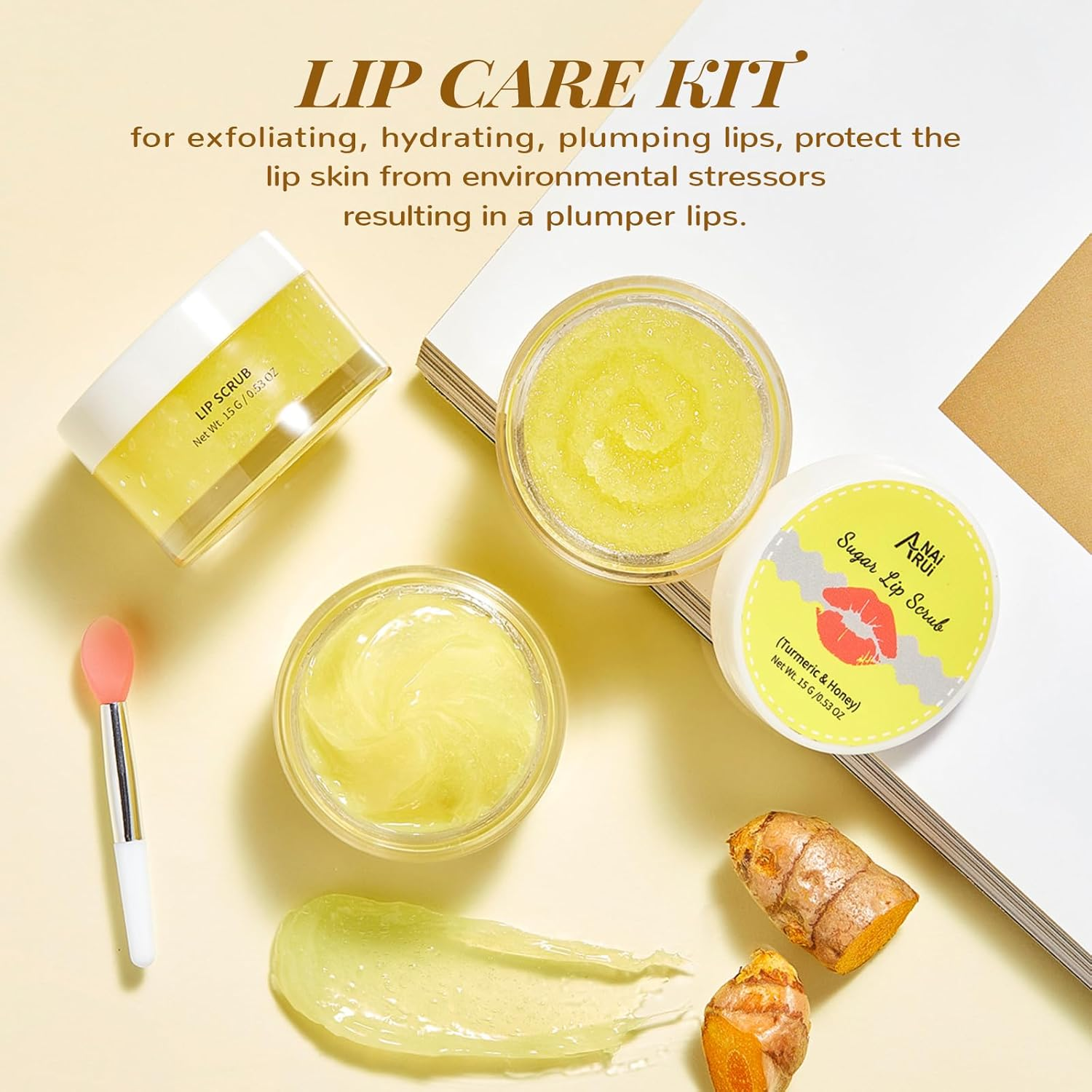 ANAI RUI Lip Care Kit - Sugar Scrub Set, Sleeping Mask & Exfoliator - Overnight Skin Treatment - Scrub & Moisturizer for Dry Chapped Cracked Peel Lips (Turmeric+Honey) image number 4