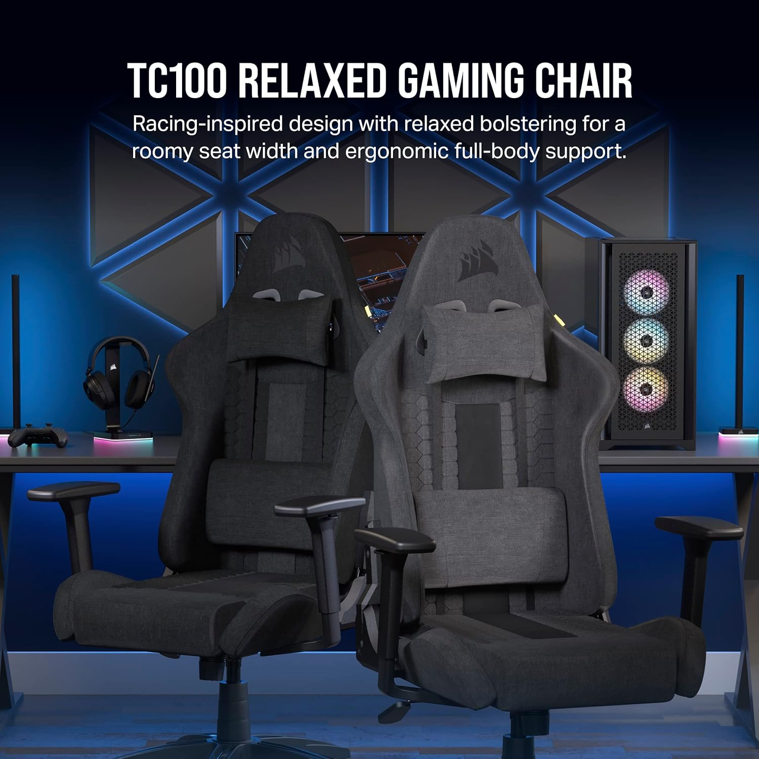 CORSAIR TC100 RELAXED Gaming Chair - Fabric - Racing-Inspired Design - Lumbar Pillow - Detachable Memory Foam Neck Pillow - Adjustable Seat Height - Adjustable Armrests - Grey & Black image number 6