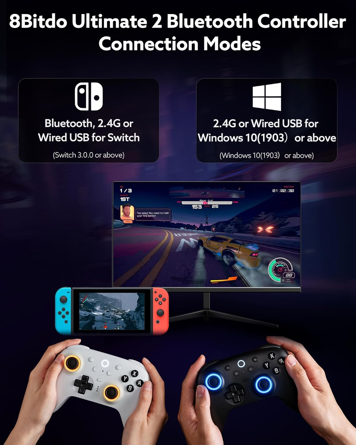 8Bitdo Ultimate 2 Bluetooth Controller (TMR Joystick Update), RGB Fire Ring, Switchable Hall Effect/Tactile Triggers, Vibration and Motion Control for Switch/Switch 2, Windows PC (White)